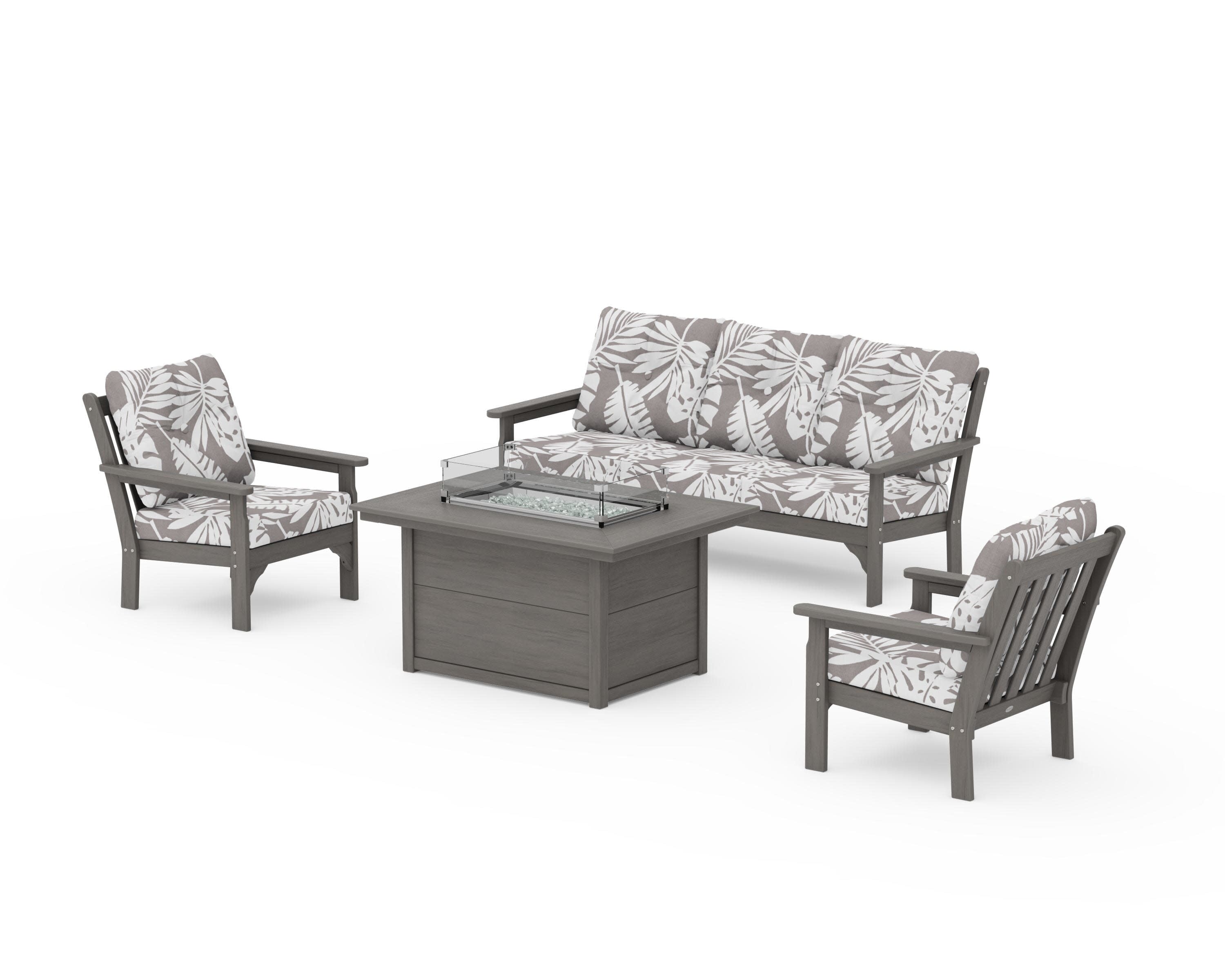 Vineyard Deep Seating Fire Pit Table Set in Driftwood / Leaf Grey Mist