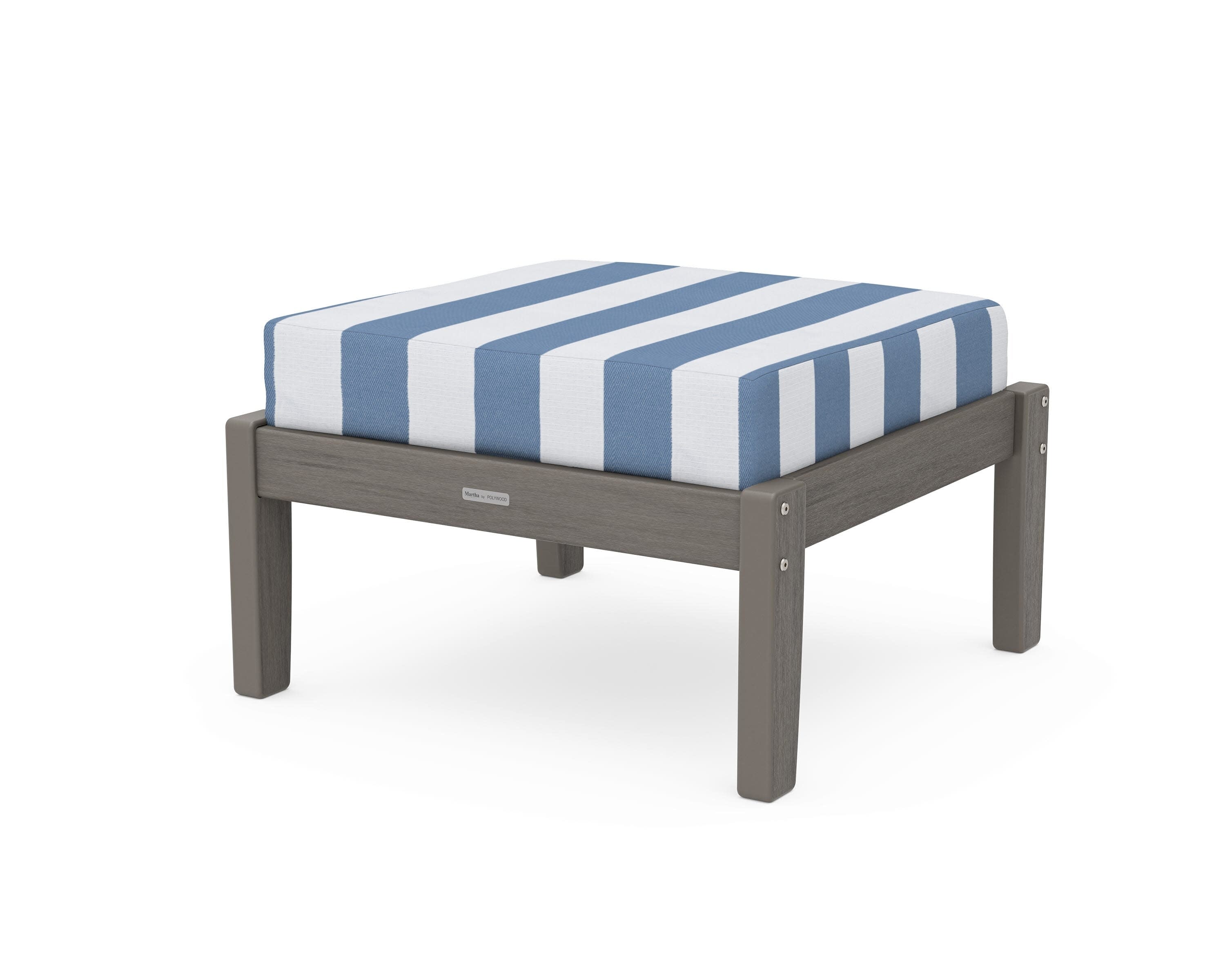Chinoiserie Deep Seating Ottoman in Driftwood / Cabana Stripe Sky Blue