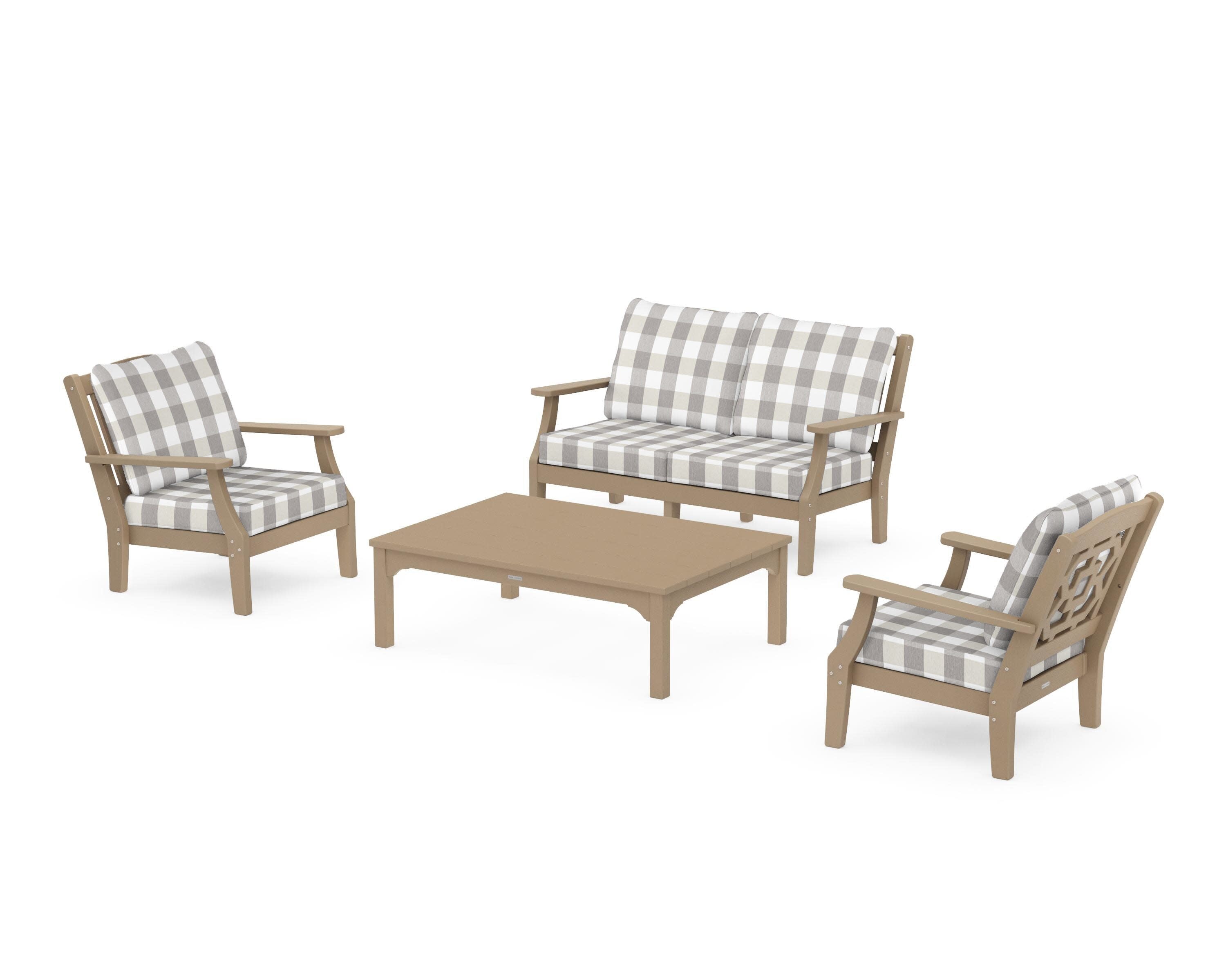 Chinoiserie 4-Piece Deep Seating Set with Loveseat in Vintage Sahara / Buffalo Plaid Grey Mist