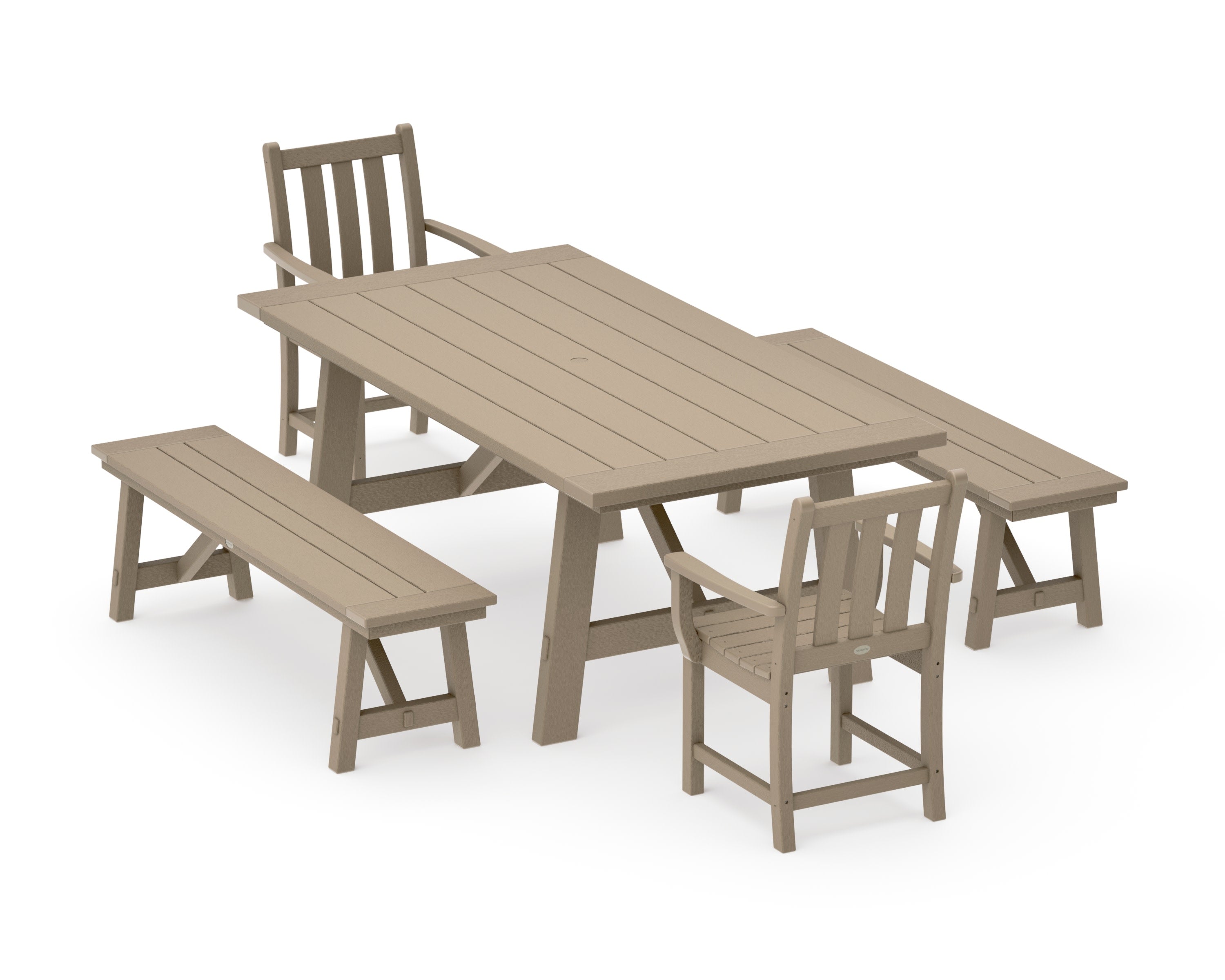 Traditional Garden 5-Piece Rustic Farmhouse Dining Set With Benches in Vintage Sahara