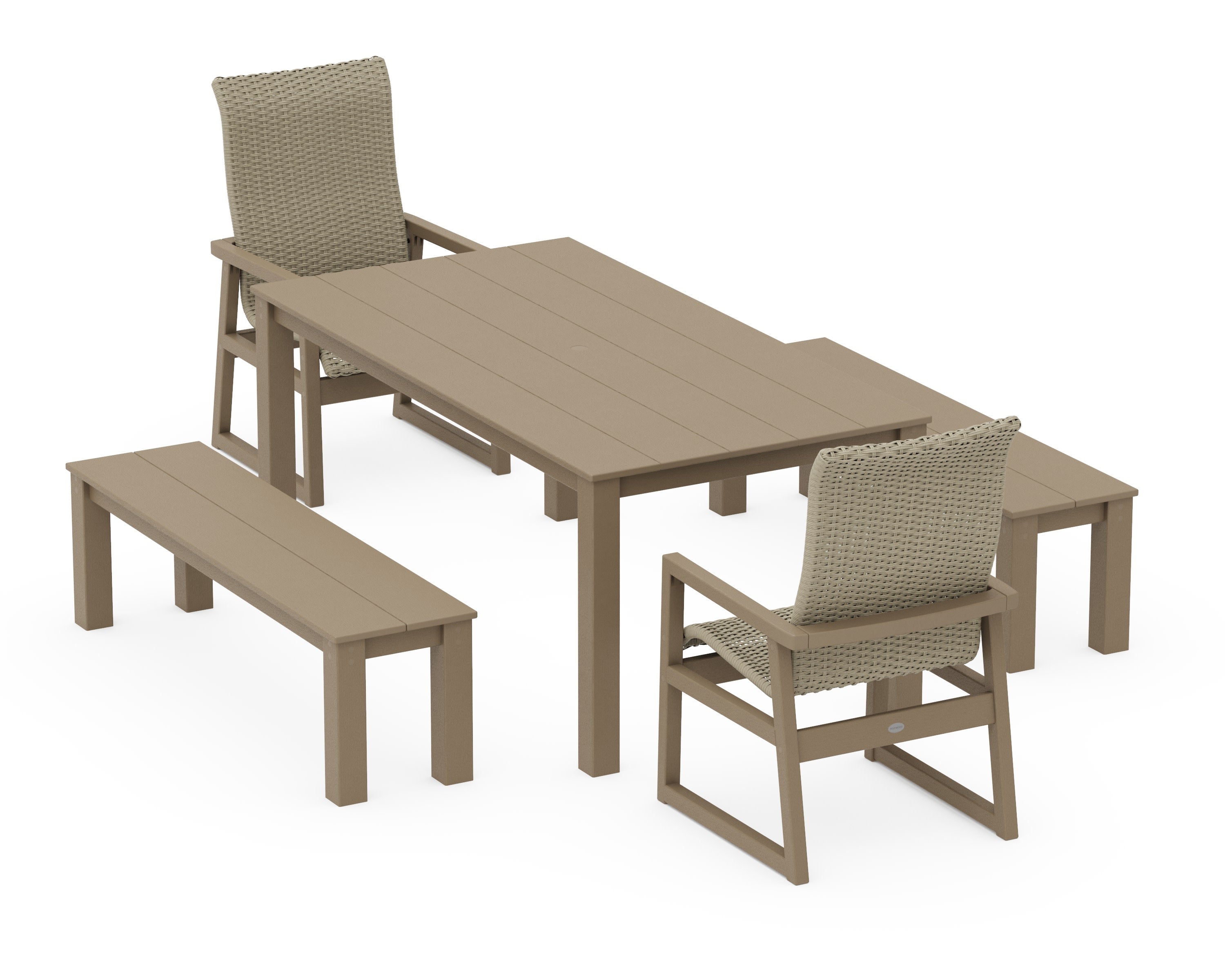 EDGE Woven Highback 5-Piece Parsons Dining Set with Benches in Vintage Sahara / Dune Grass