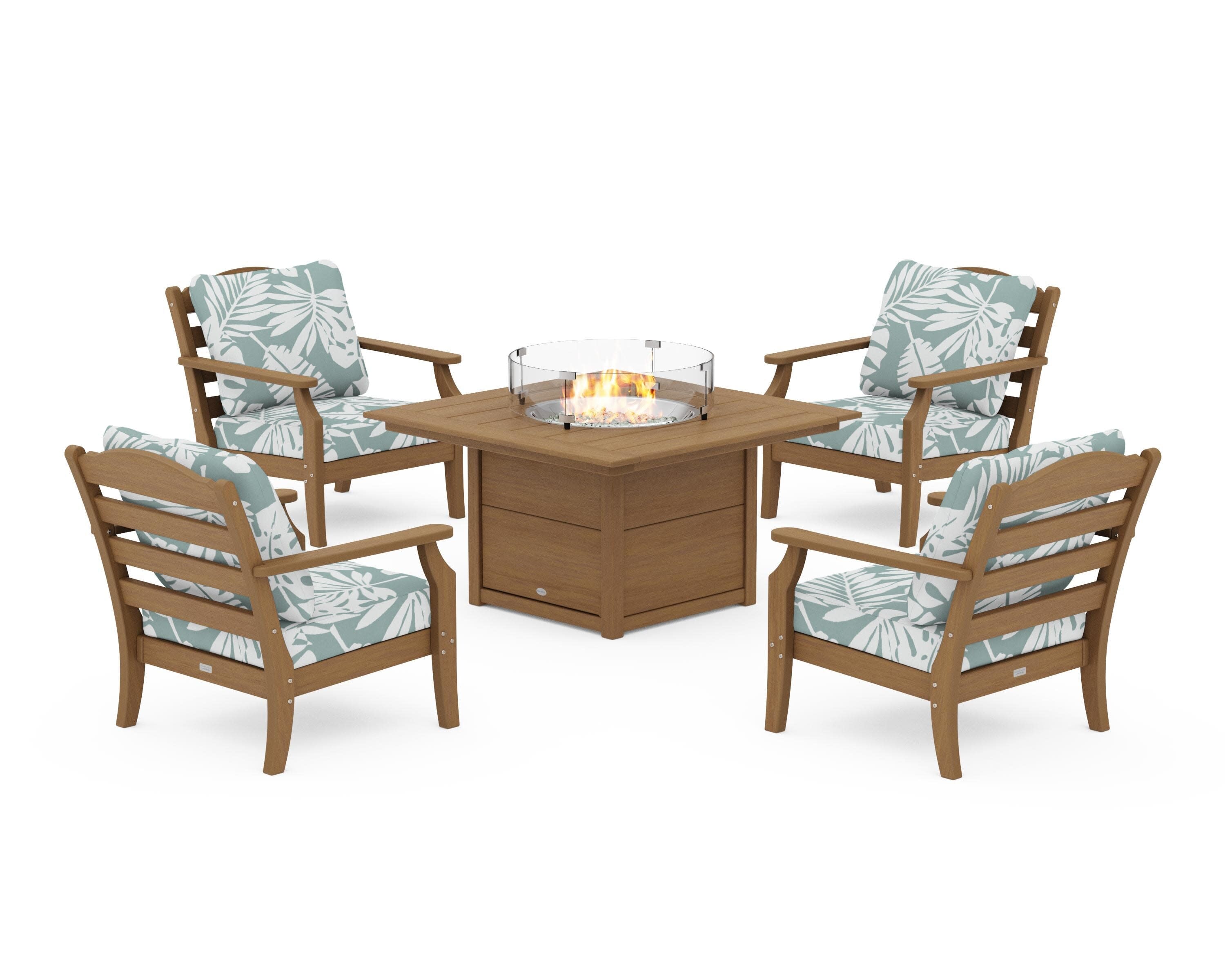 Savannah 5-Piece Deep Seating Set with Fire Pit Table in Natural / Leaf Glacier Spa