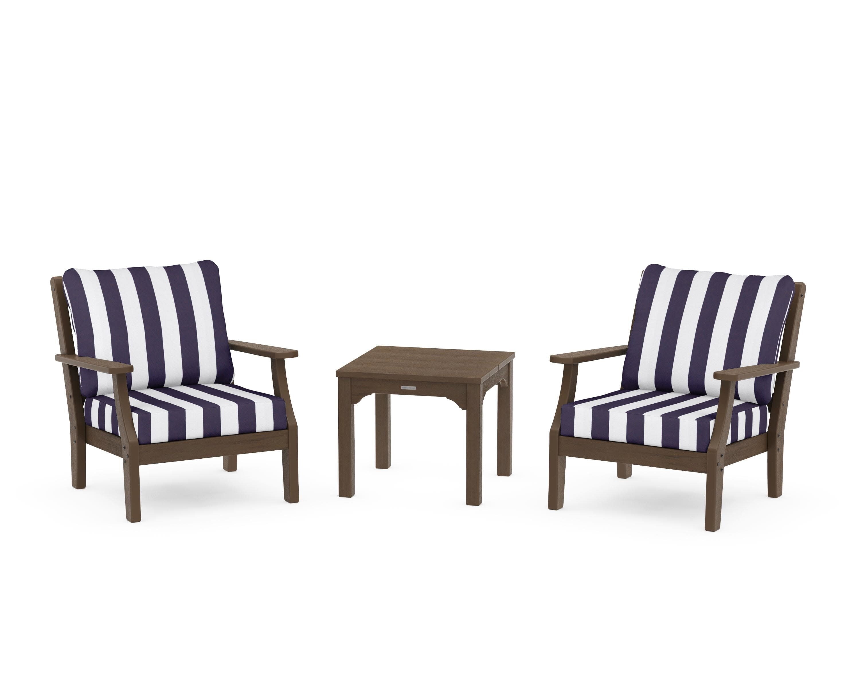 Chinoiserie 3-Piece Deep Seating Set in Kona / Cabana Stripe Navy