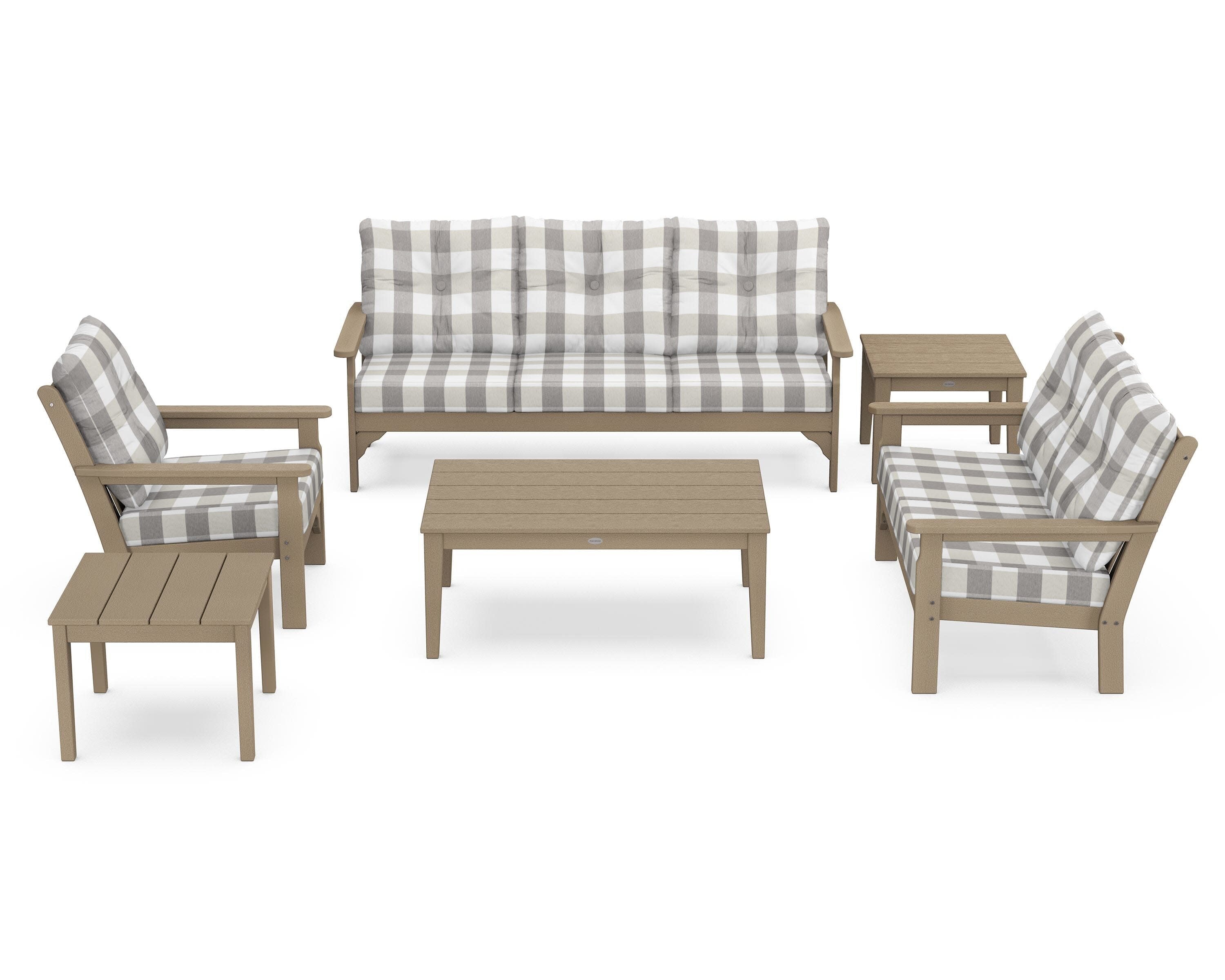 Vineyard 6-Piece Deep Seating Set in Vintage Sahara / Buffalo Plaid Grey Mist