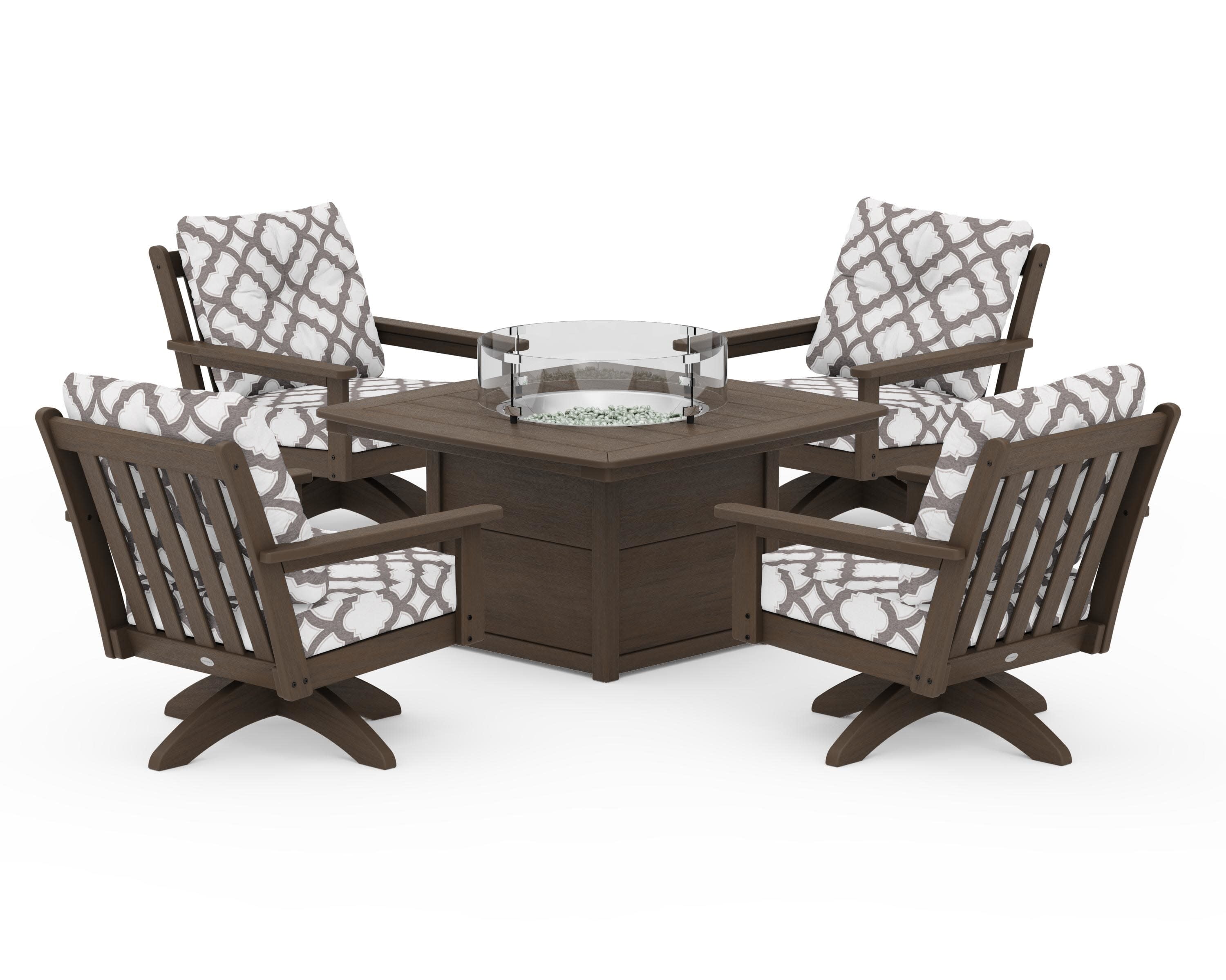 Vineyard 5-Piece Deep Seating Swivel Conversation Set with Fire Pit Table in Kona / Trellis Grey Mist