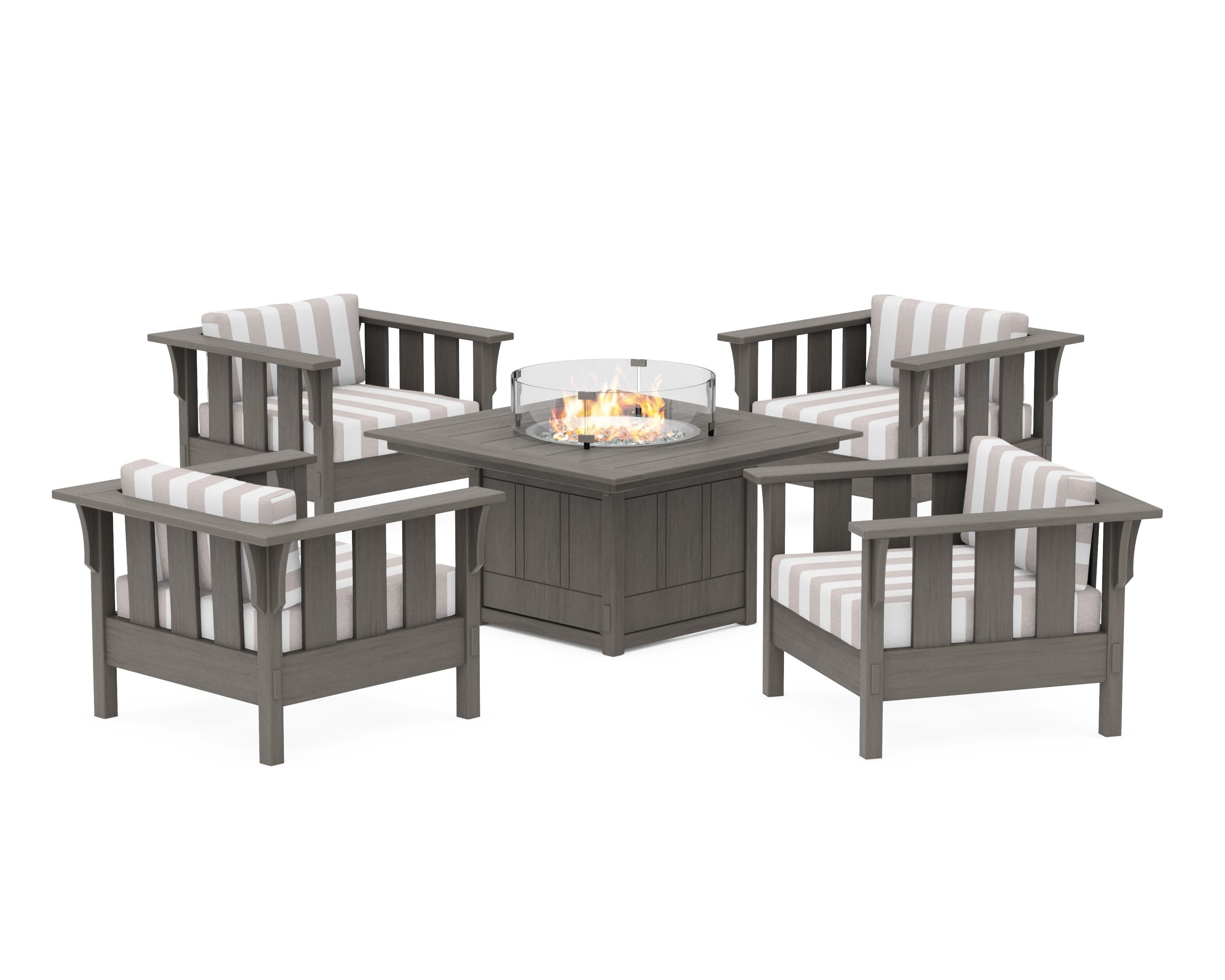 Acadia 5-Piece Deep Seating Set with Fire Pit Table in Driftwood / Cabana Stripe Dune Burlap