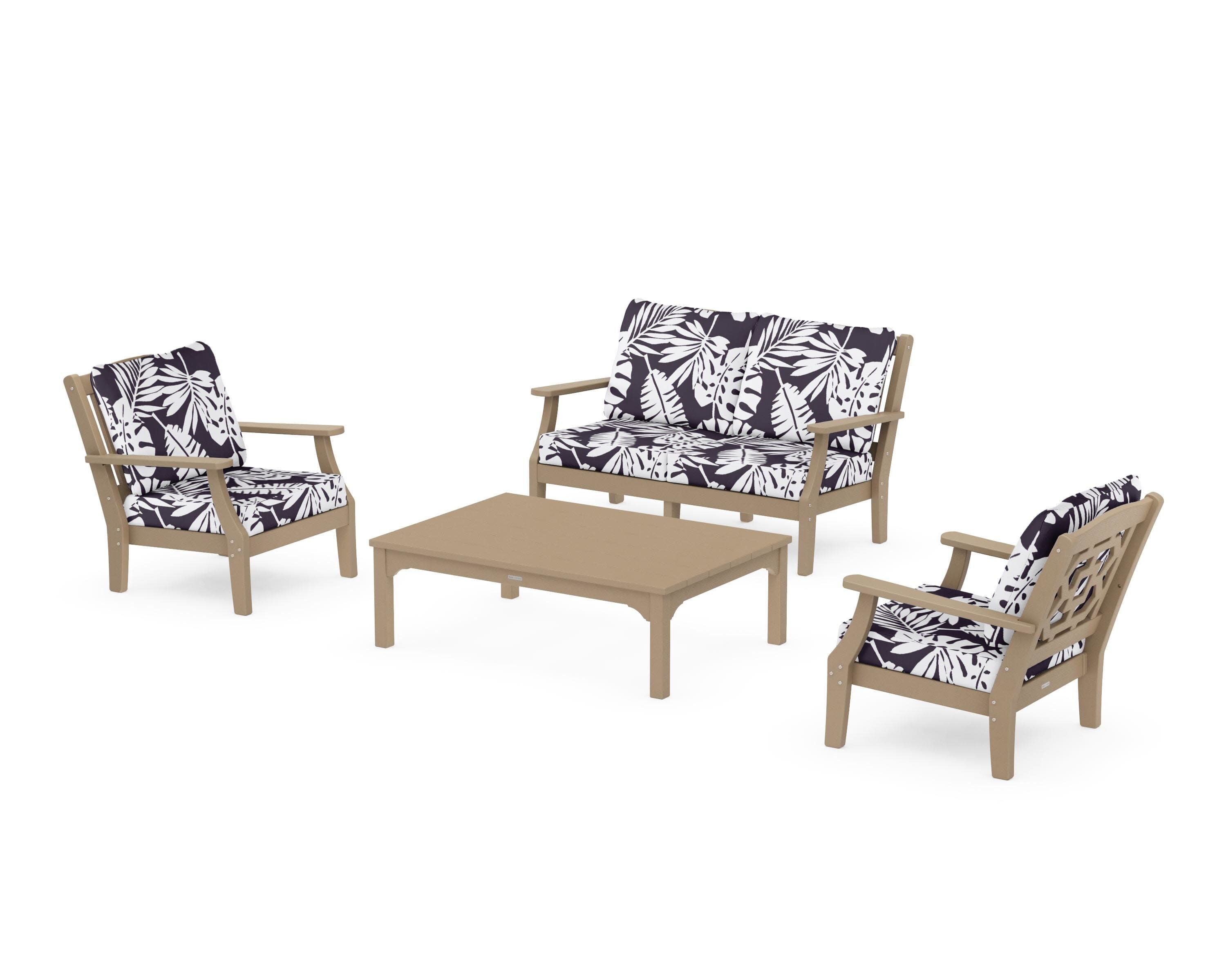 Chinoiserie 4-Piece Deep Seating Set with Loveseat in Vintage Sahara / Leaf Navy