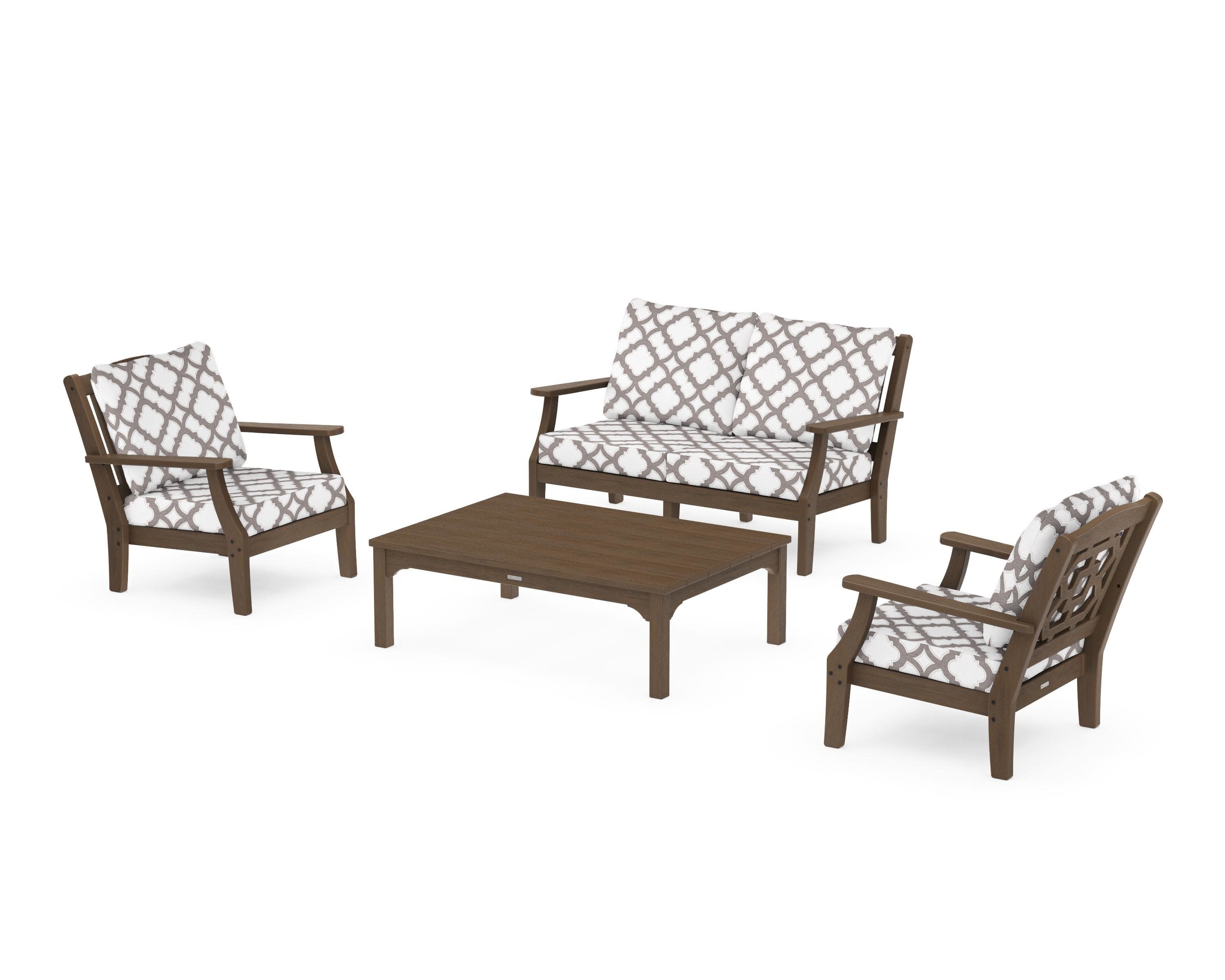Chinoiserie 4-Piece Deep Seating Set with Loveseat in Kona / Trellis Grey Mist