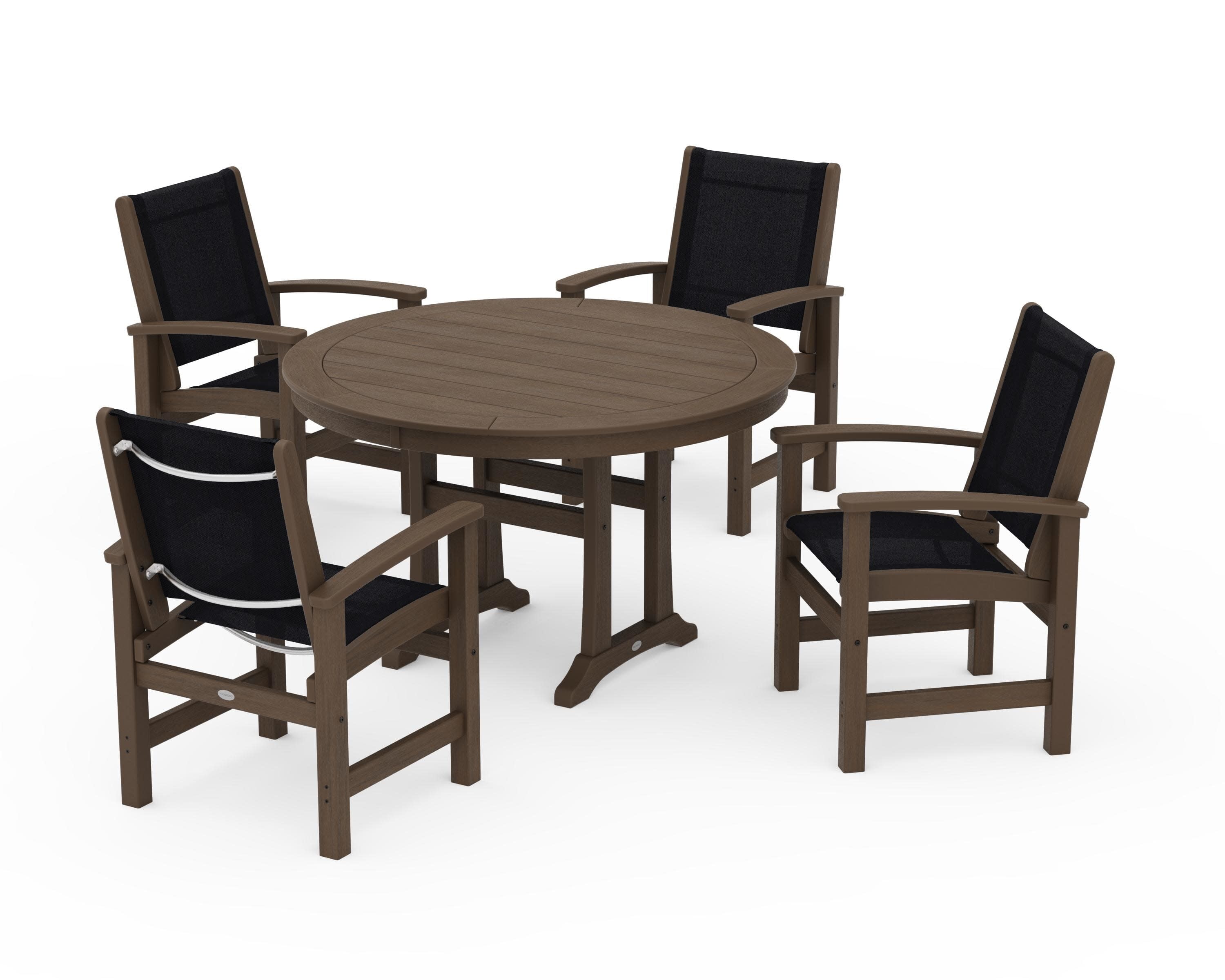 Coastal 5-Piece Round Dining Set with Trestle Legs in Kona / Black Sling