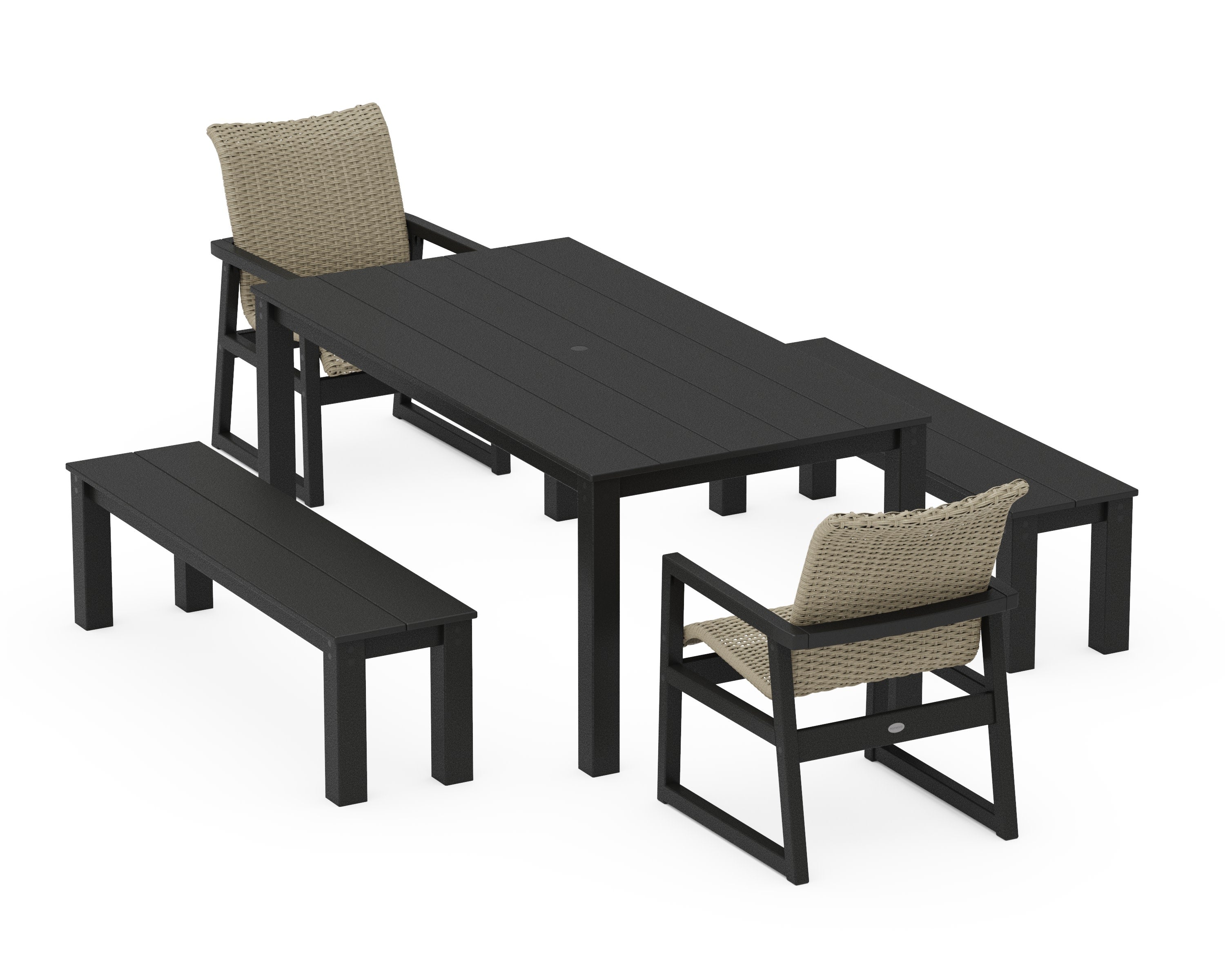 EDGE Woven 5-Piece Parsons Dining Set with Benches in Black / Dune Grass