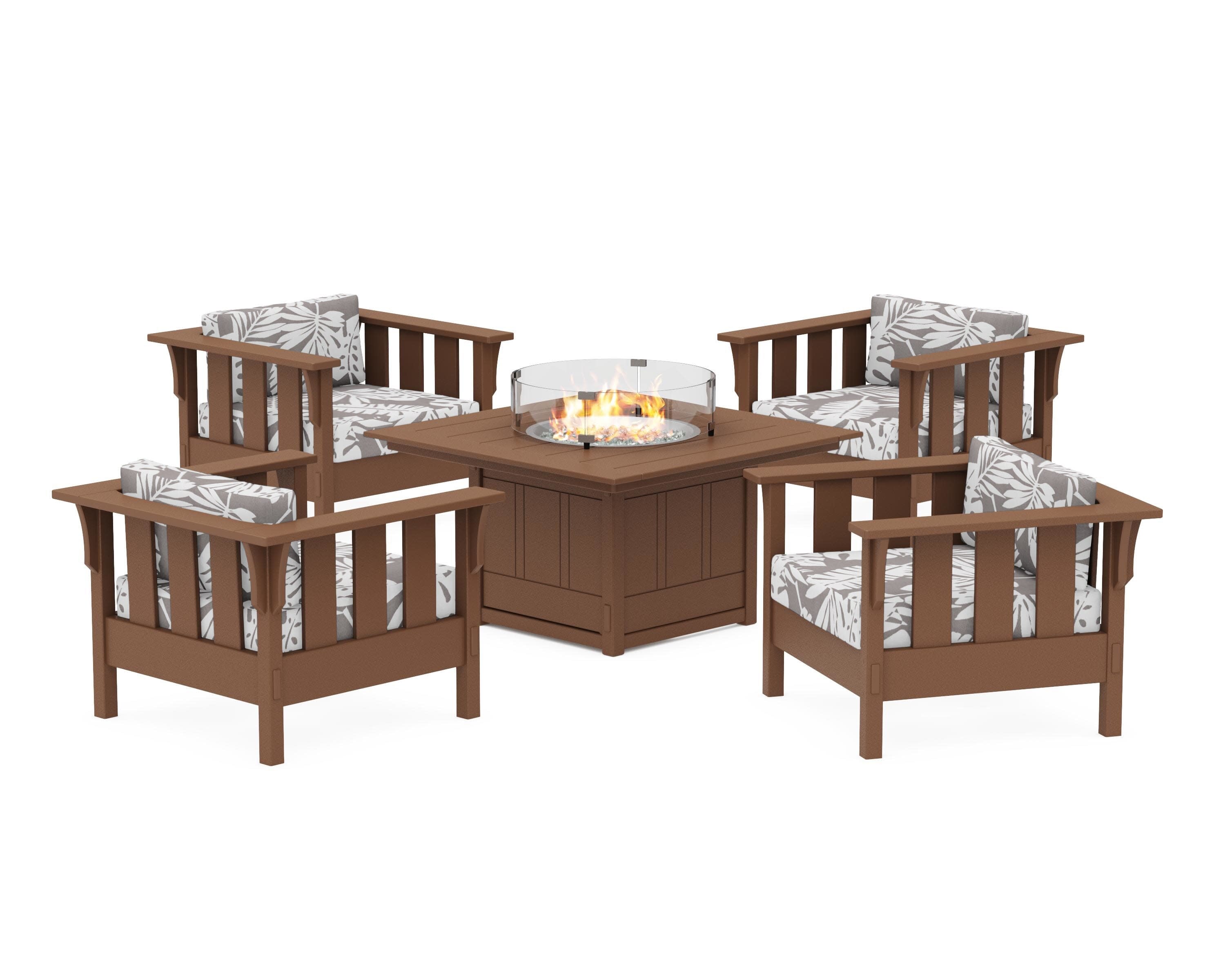 Acadia 5-Piece Deep Seating Set with Fire Pit Table in Teak / Leaf Grey Mist