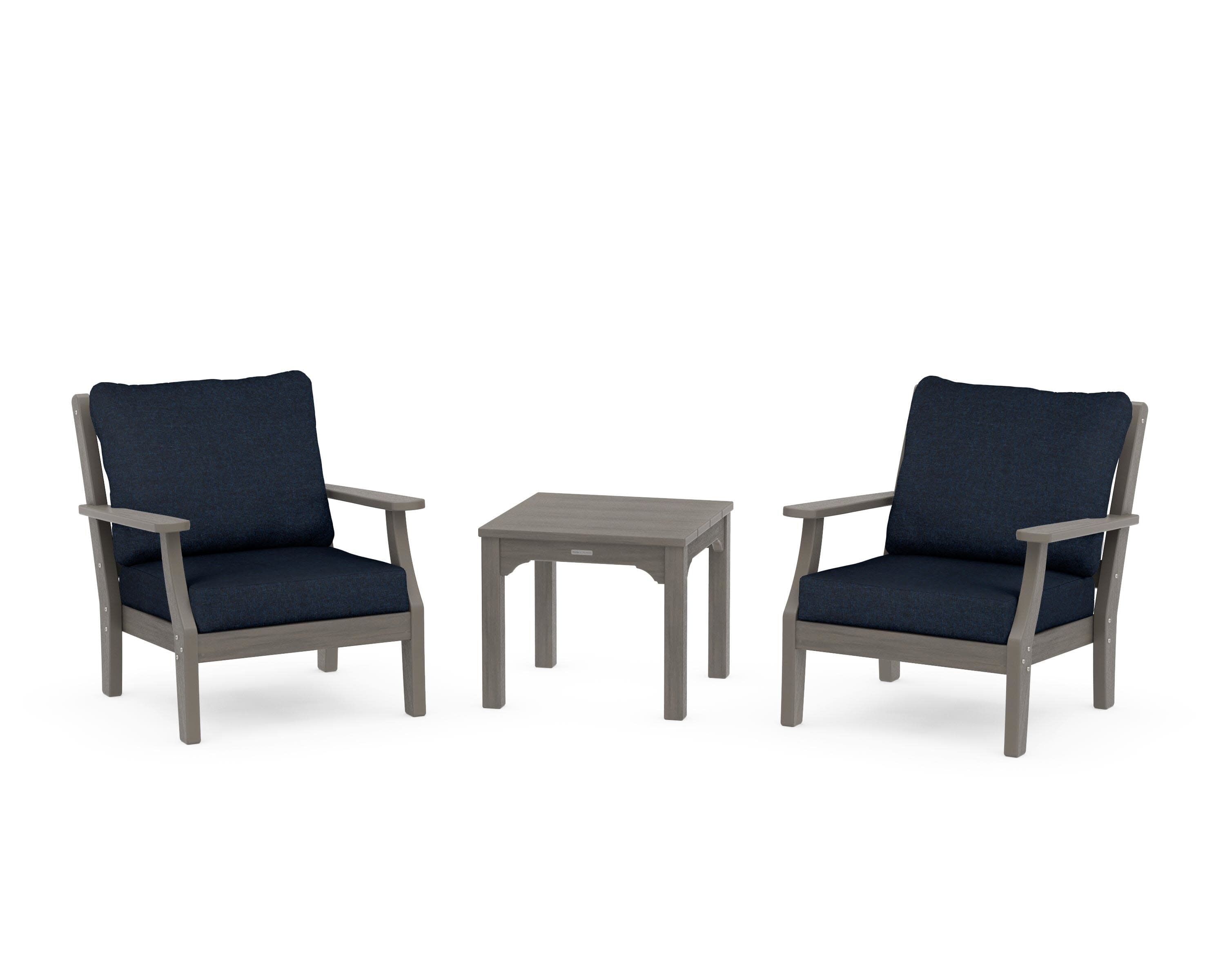 Chinoiserie 3-Piece Deep Seating Set in Driftwood / Marine Indigo