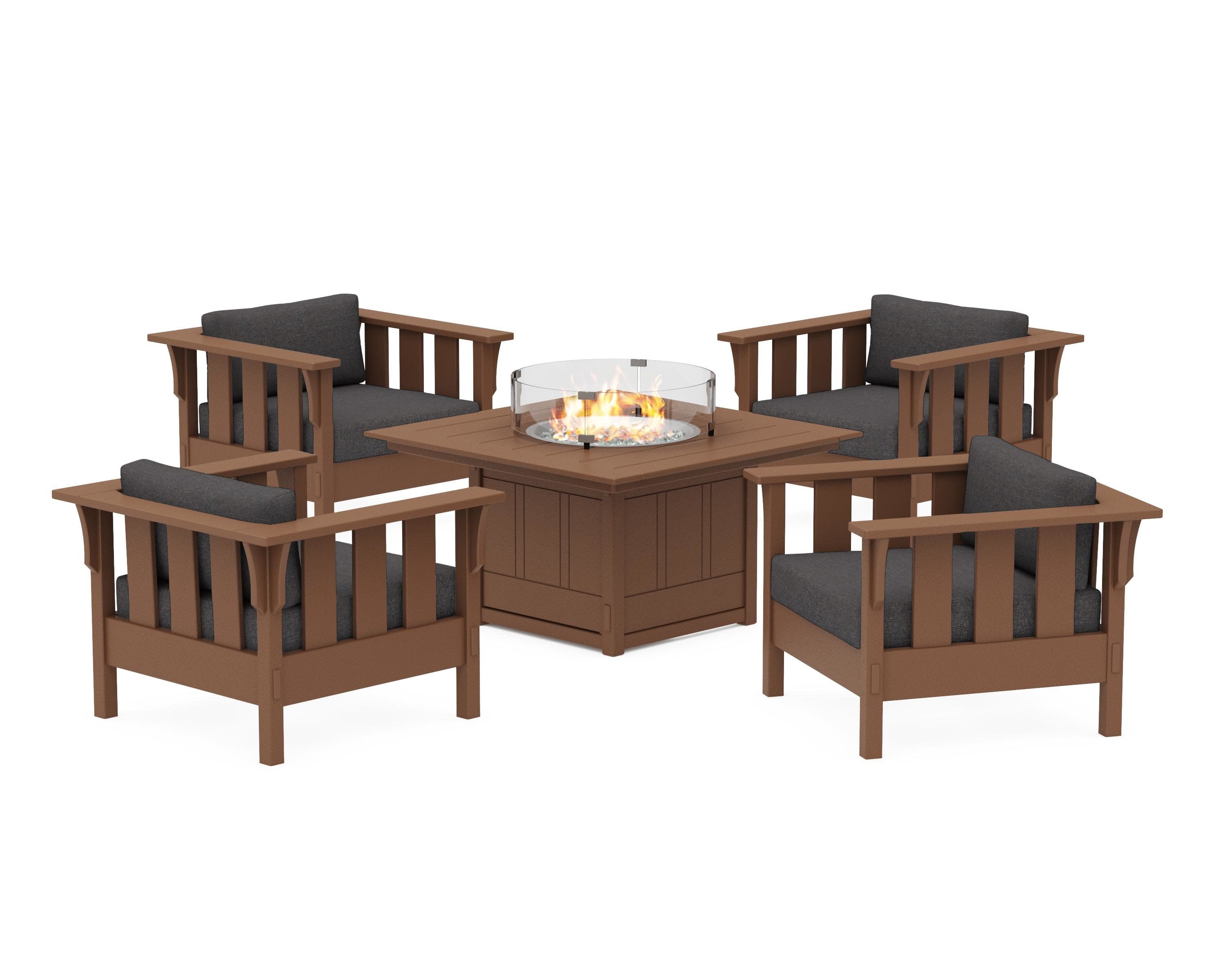 Acadia 5-Piece Deep Seating Set with Fire Pit Table in Teak / Ash Charcoal