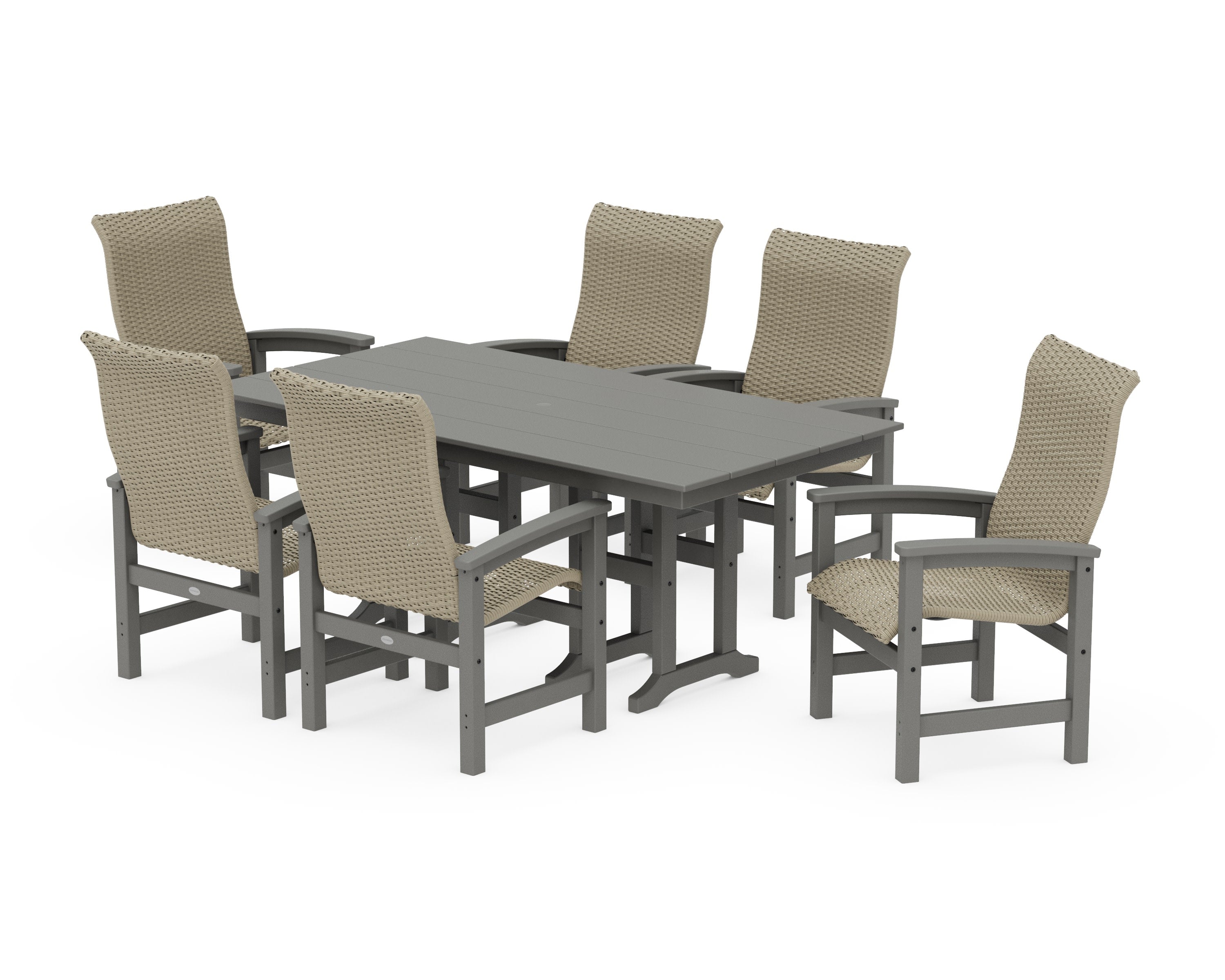 Coastal Woven High-Back Arm Chair 7-Piece Farmhouse Dining Set in Slate Grey / Dune Grass