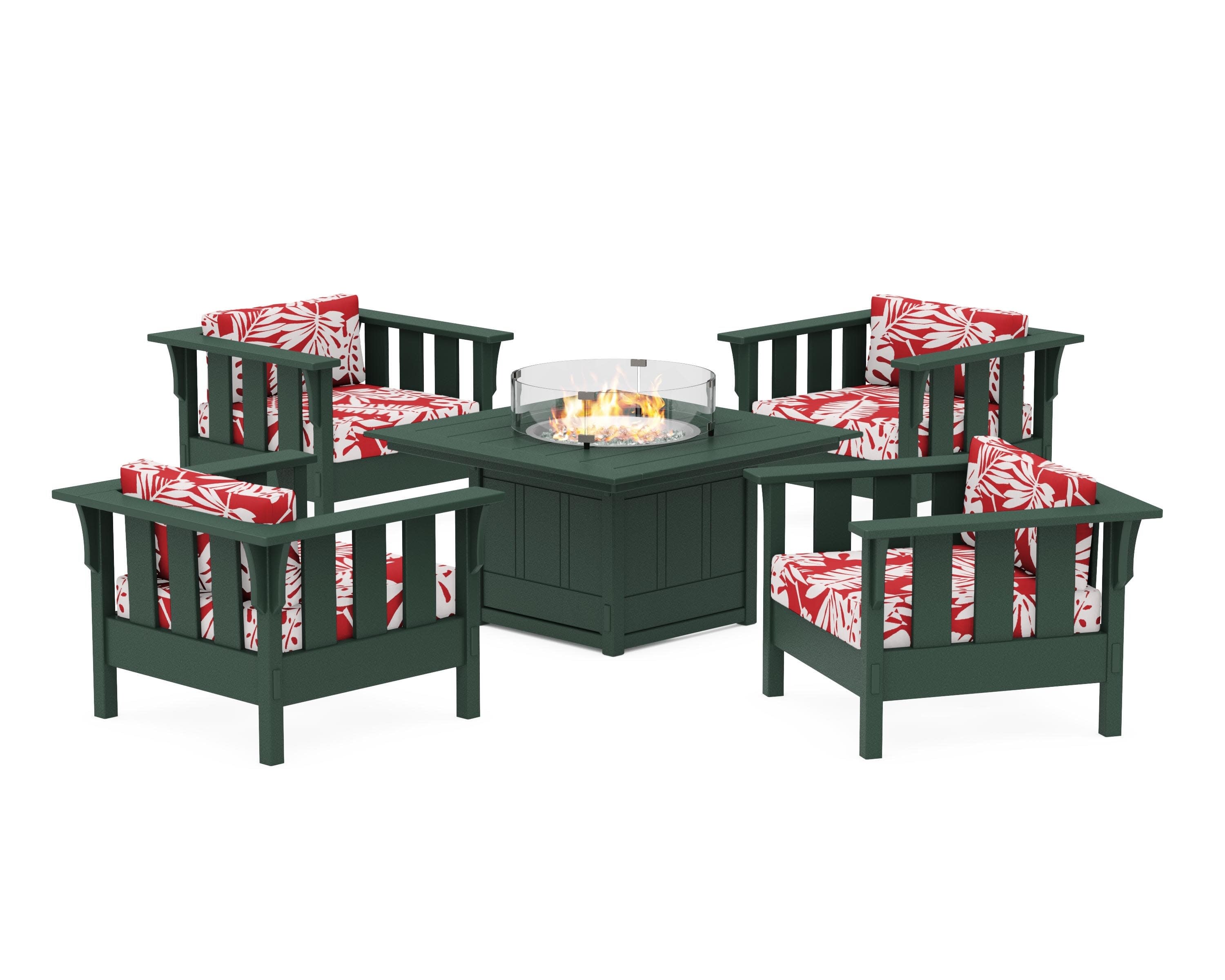 Acadia 5-Piece Deep Seating Set with Fire Pit Table in Green / Leaf Crimson