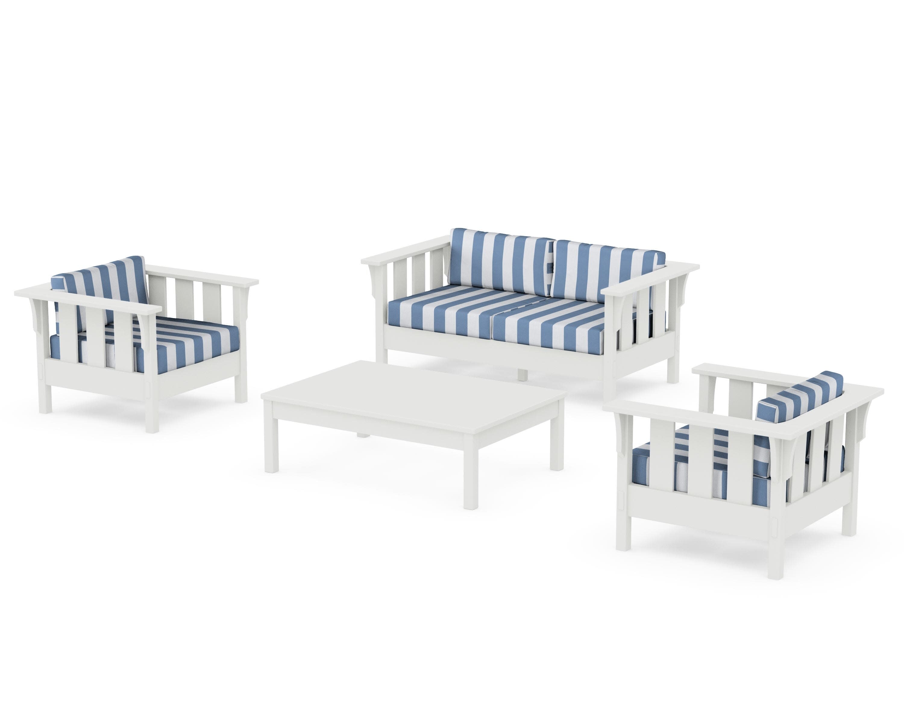Acadia 4-Piece Deep Seating Set with Loveseat in Vintage White / Cabana Stripe Sky Blue