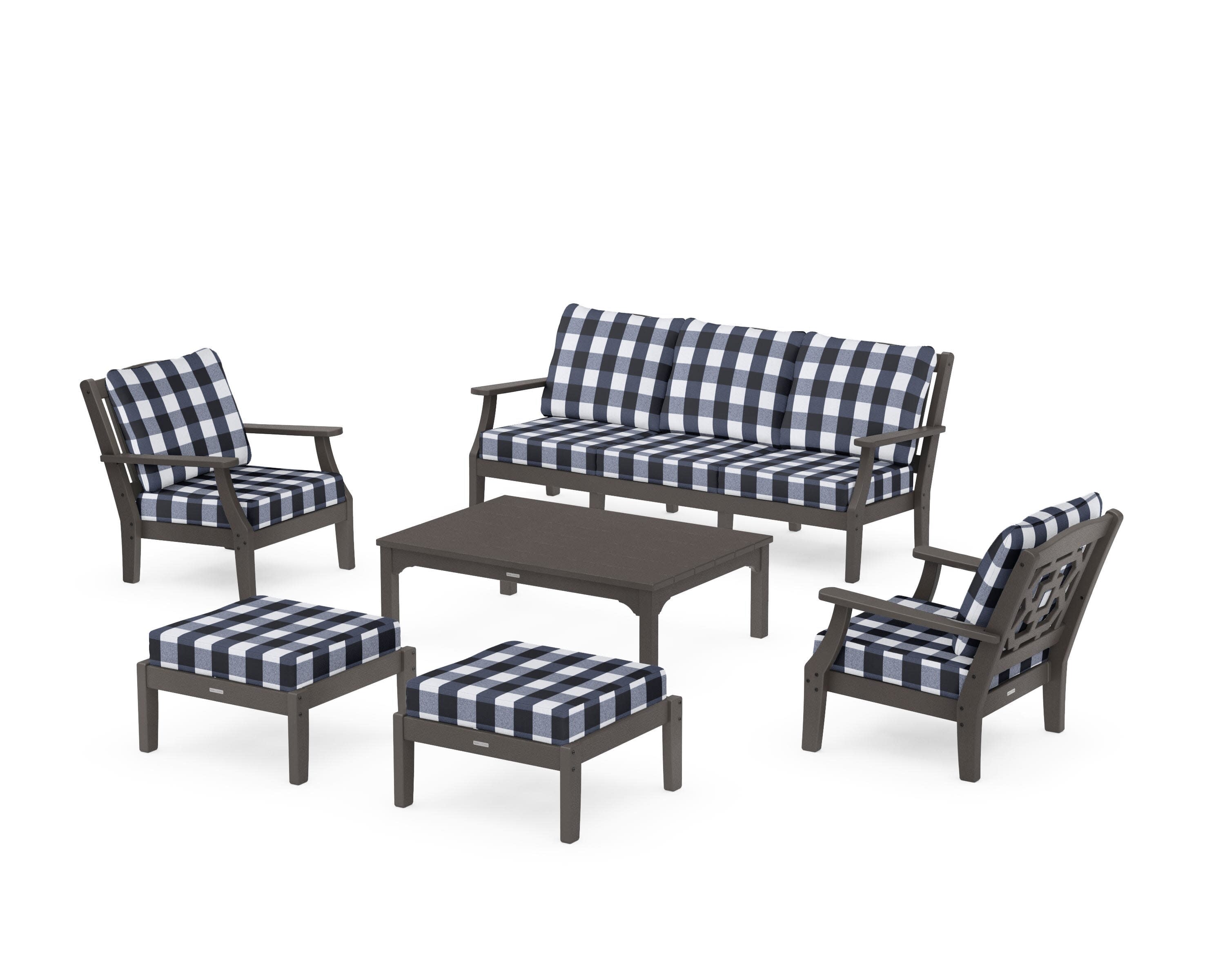Chinoiserie 6-Piece Lounge Sofa Set in Vintage Coffee / Buffalo Plaid Marine Indigo