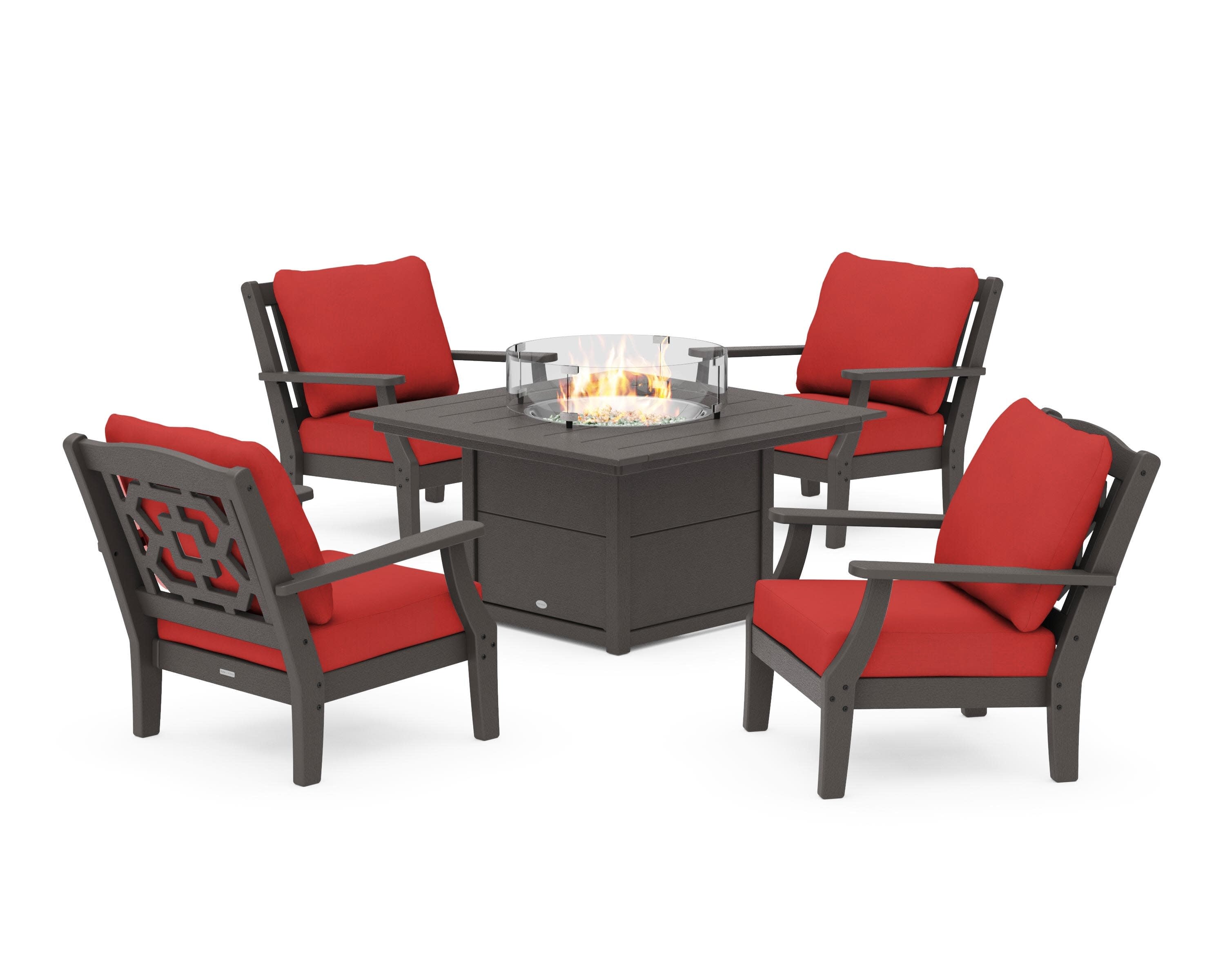 Chinoiserie 5-Piece Deep Seating Set with Fire Pit Table in Vintage Coffee / Crimson Linen
