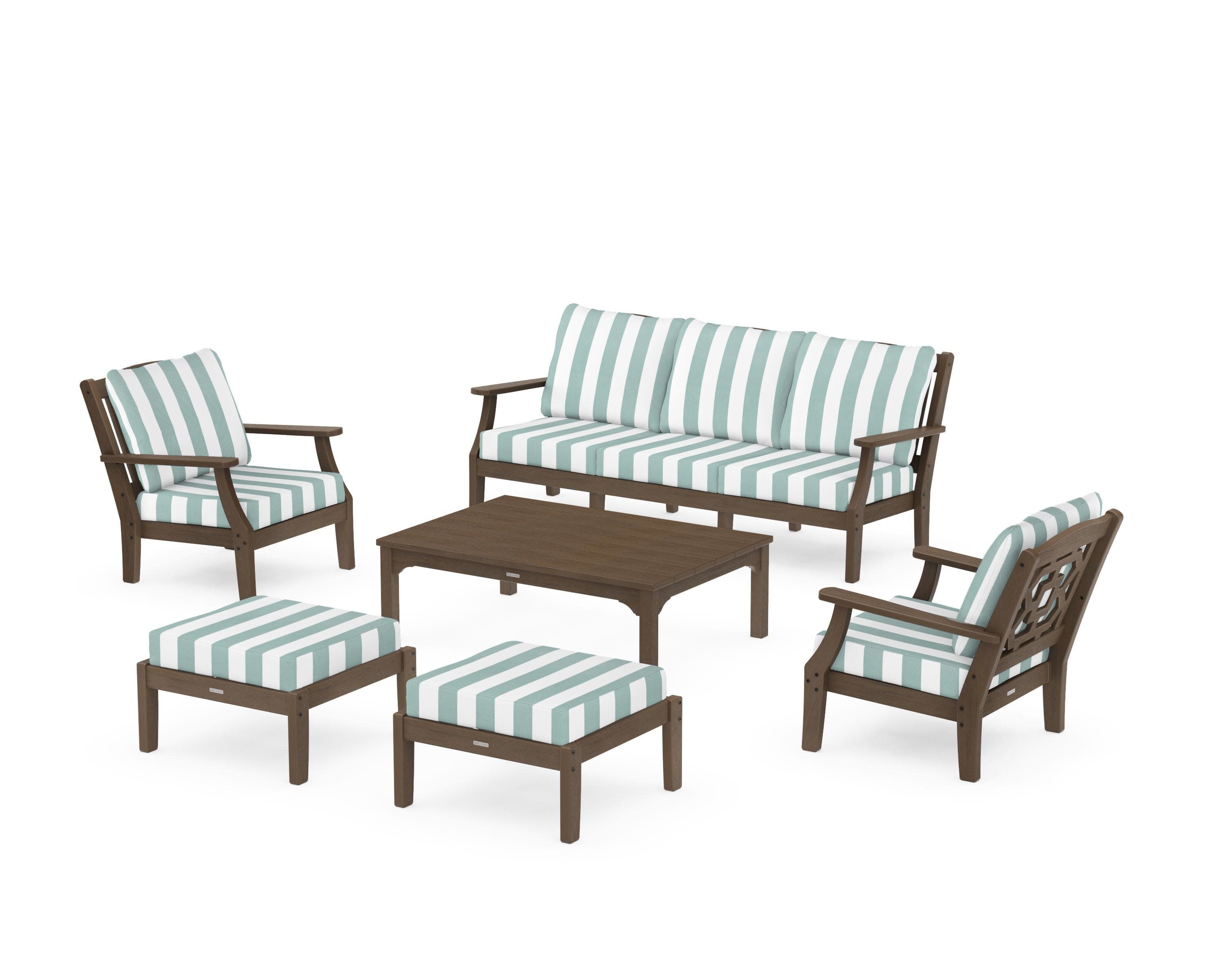 Chinoiserie 6-Piece Lounge Sofa Set in Kona / Cabana Stripe Glacier Spa