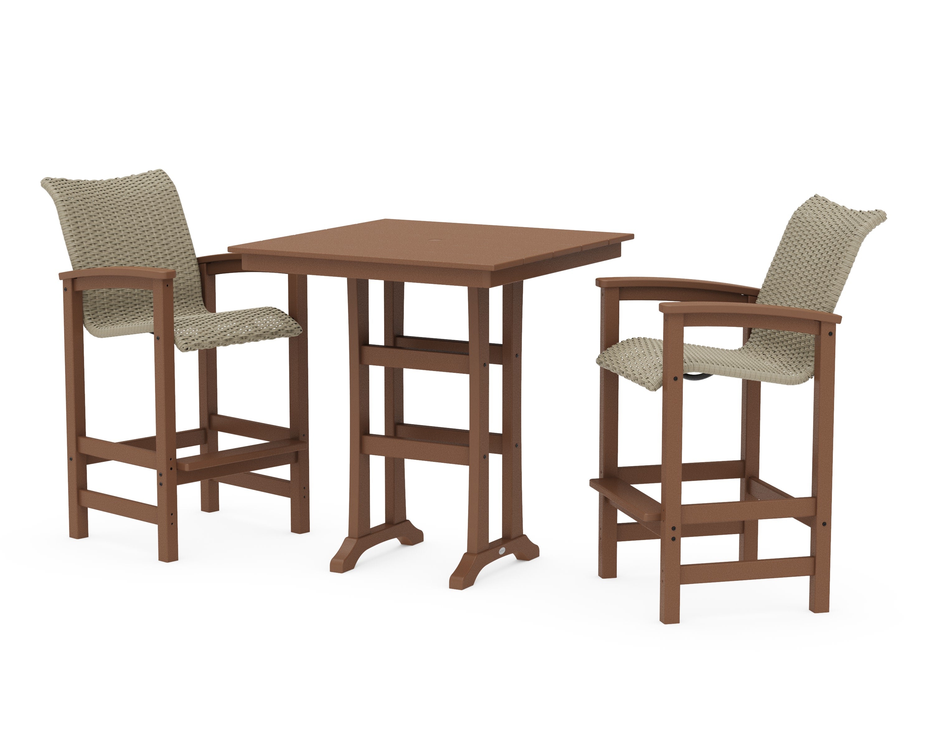 Coastal Woven 3-Piece Farmhouse Bar Set with Trestle Legs in Teak / Dune Grass