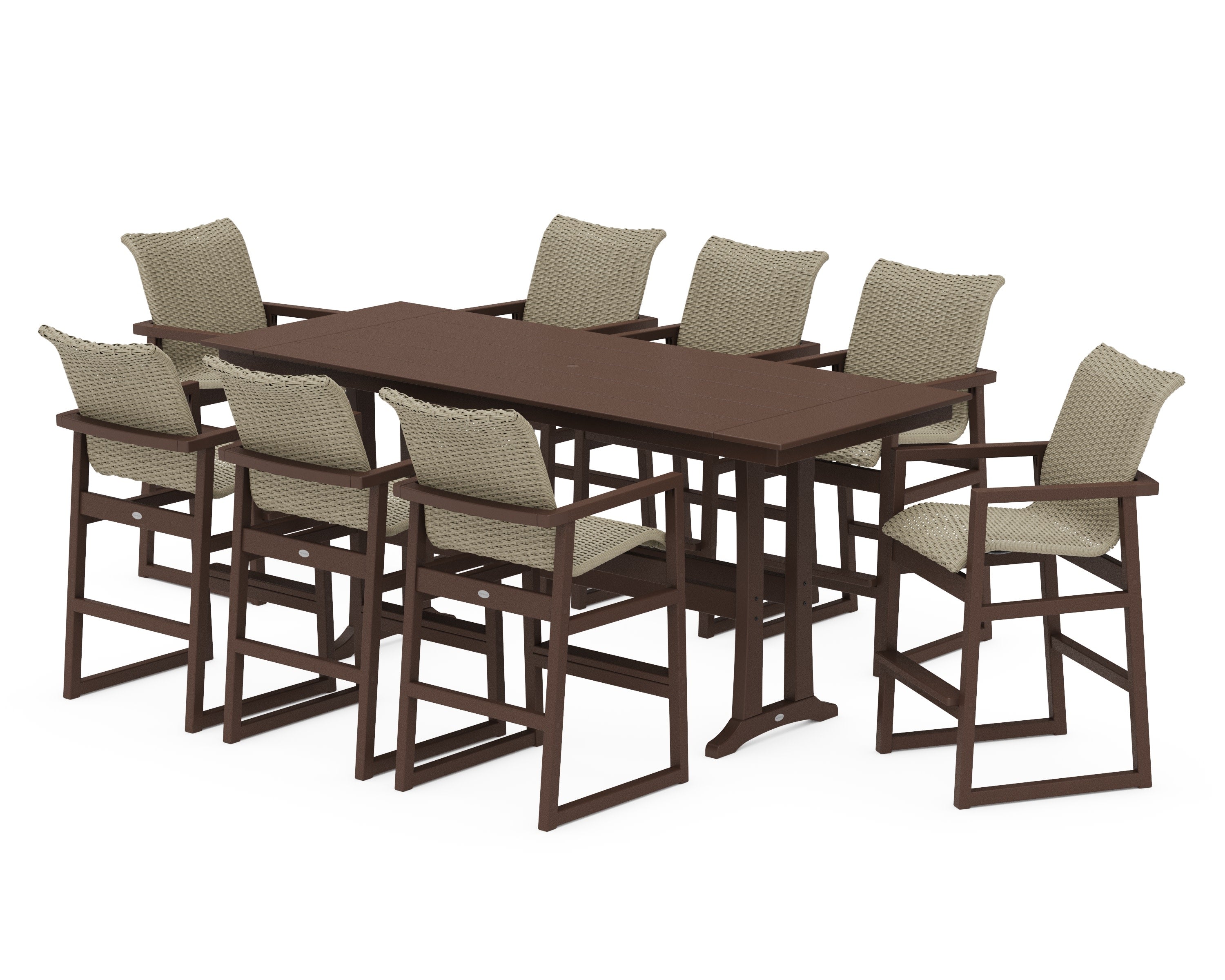 EDGE Woven 9-Piece Farmhouse Bar Set with Trestle Legs in Mahogany / Dune Grass