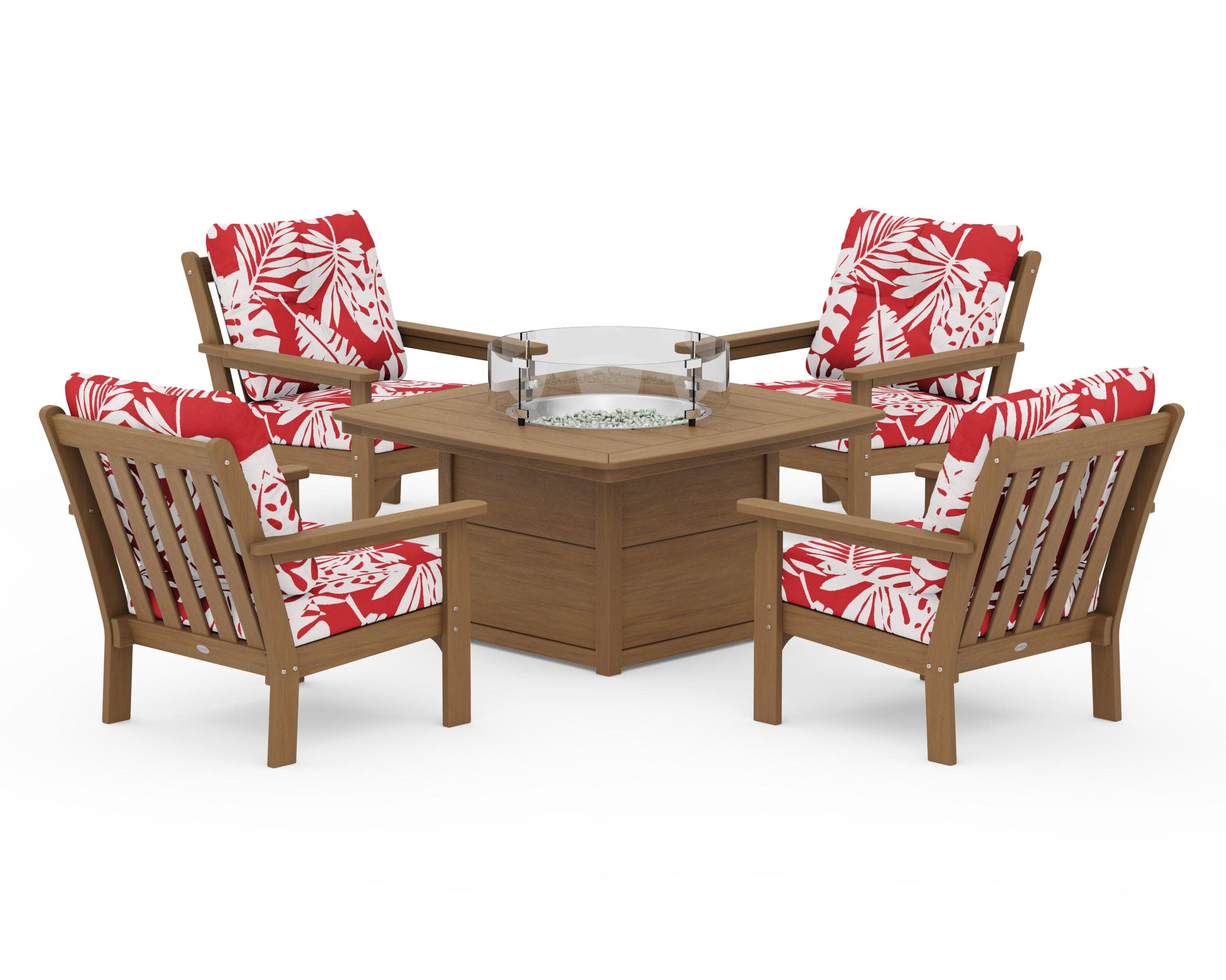 Vineyard 5-Piece Conversation Set with Fire Pit Table in Natural / Leaf Crimson