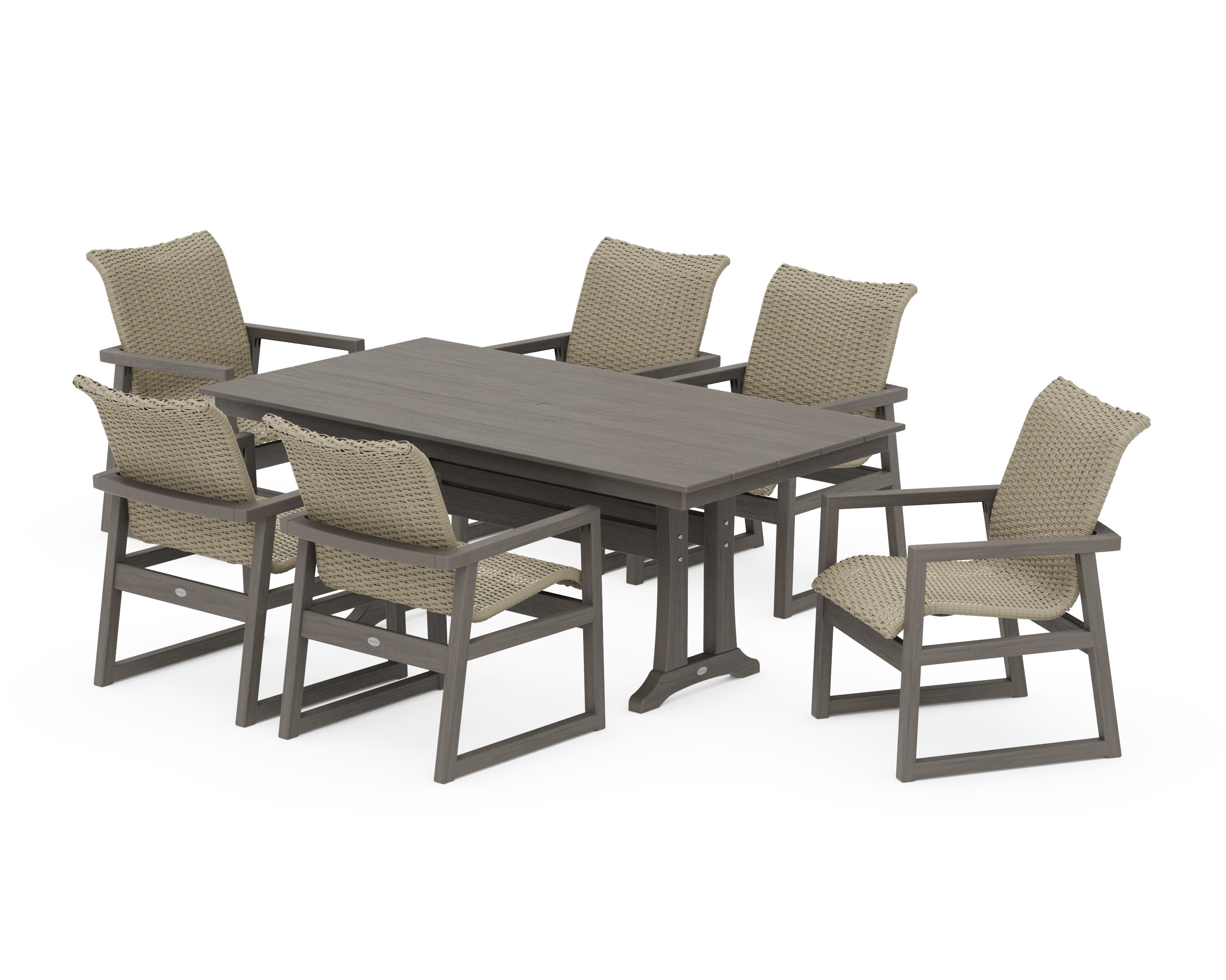 EDGE Woven Arm Chair 7-Piece Farmhouse Dining Set with Trestle Legs in Driftwood / Dune Grass