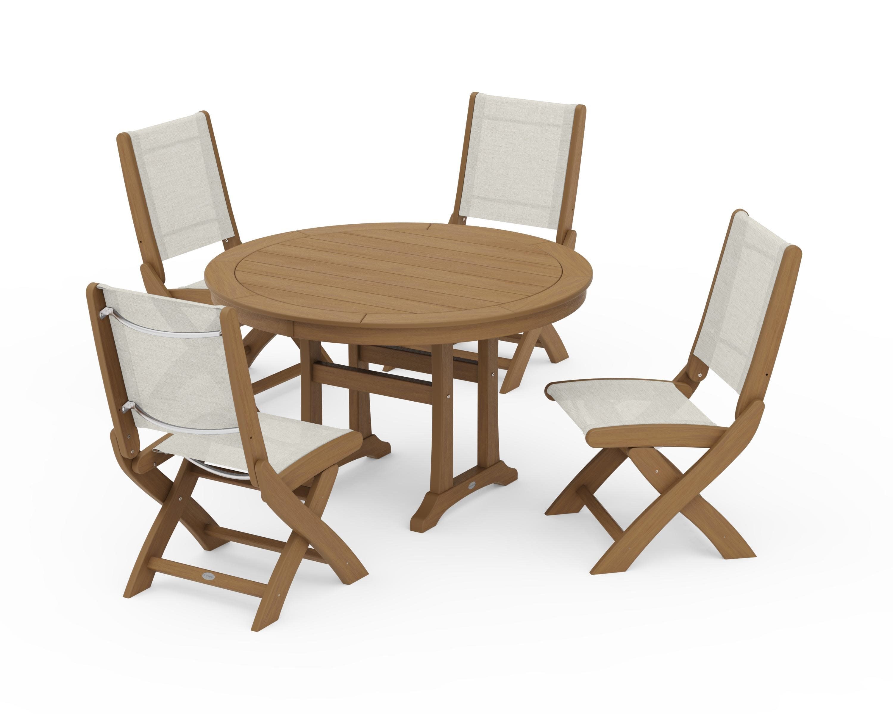 Coastal Folding Side Chair 5-Piece Round Dining Set With Trestle Legs in Natural / Parchment Sling