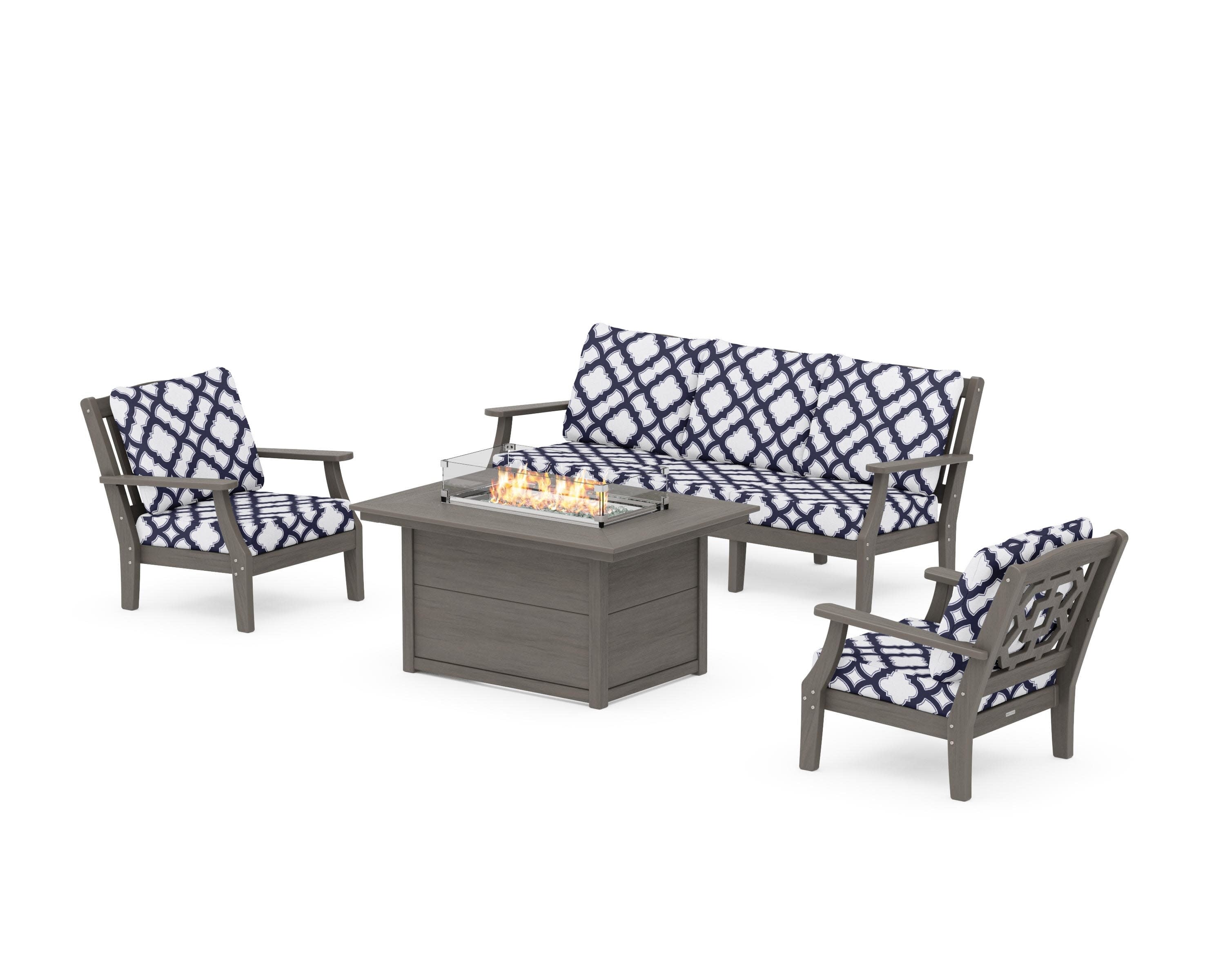 Chinoiserie Deep Seating Fire Pit Table Set in Driftwood / Trellis Navy