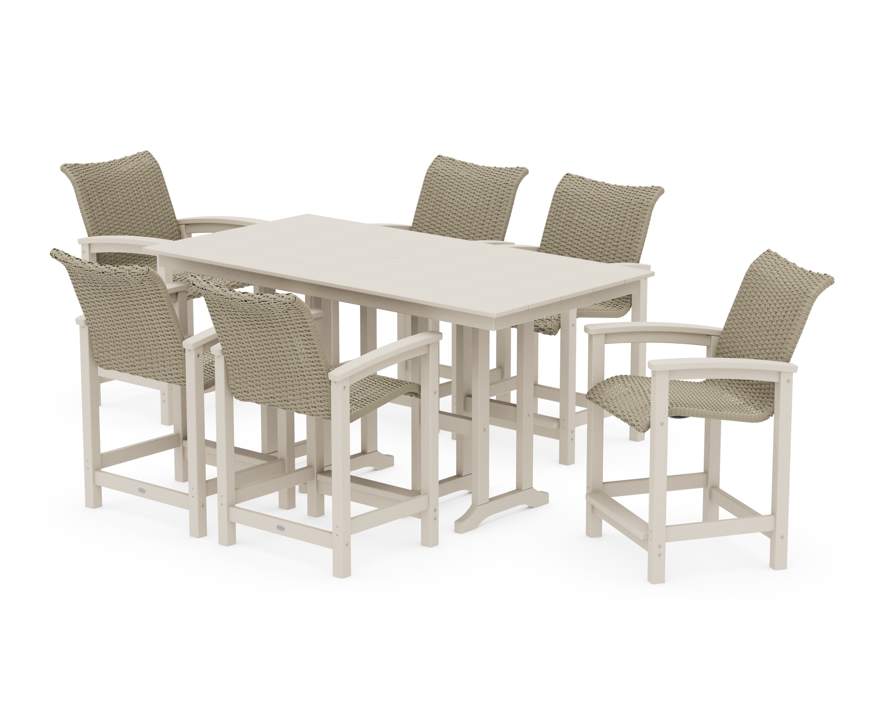 Coastal Woven Arm Chair 7-Piece Farmhouse Counter Set in Sand / Dune Grass
