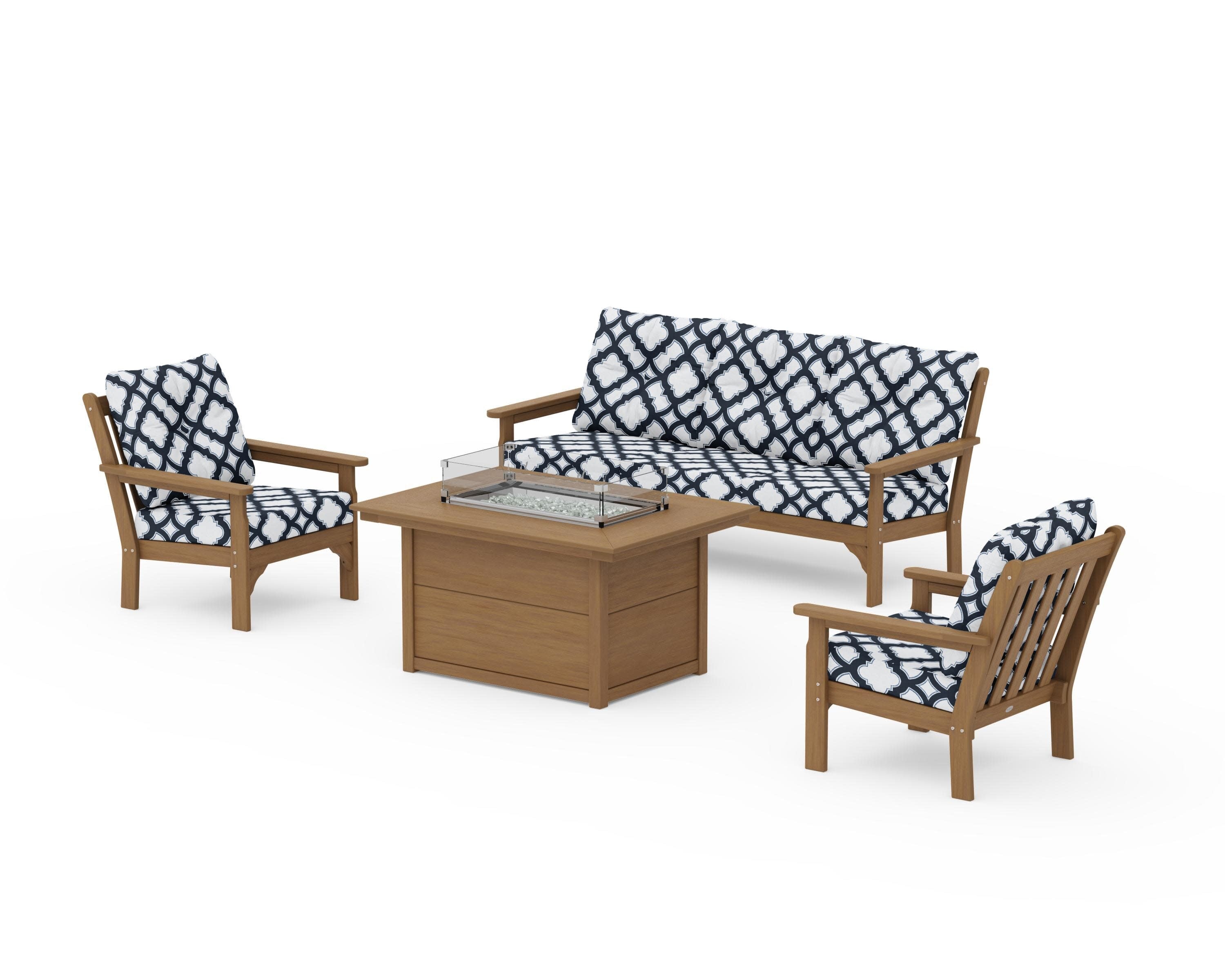 Vineyard Deep Seating Fire Pit Table Set in Natural / Trellis Marine Indigo