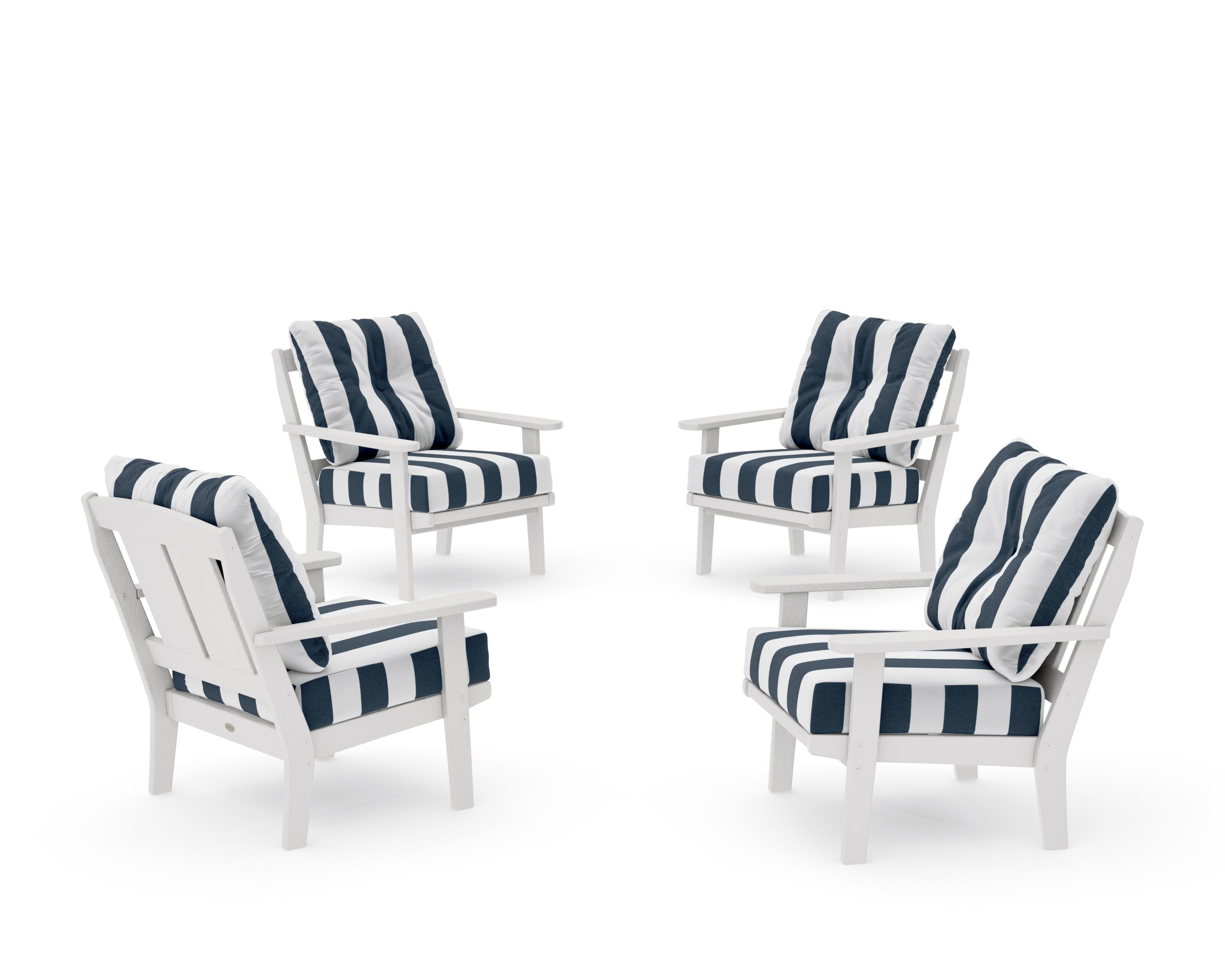 Mission 5-Piece Deep Seating Set with Fire Pit Table in Vintage White / Cabana Stripe Marine Indigo