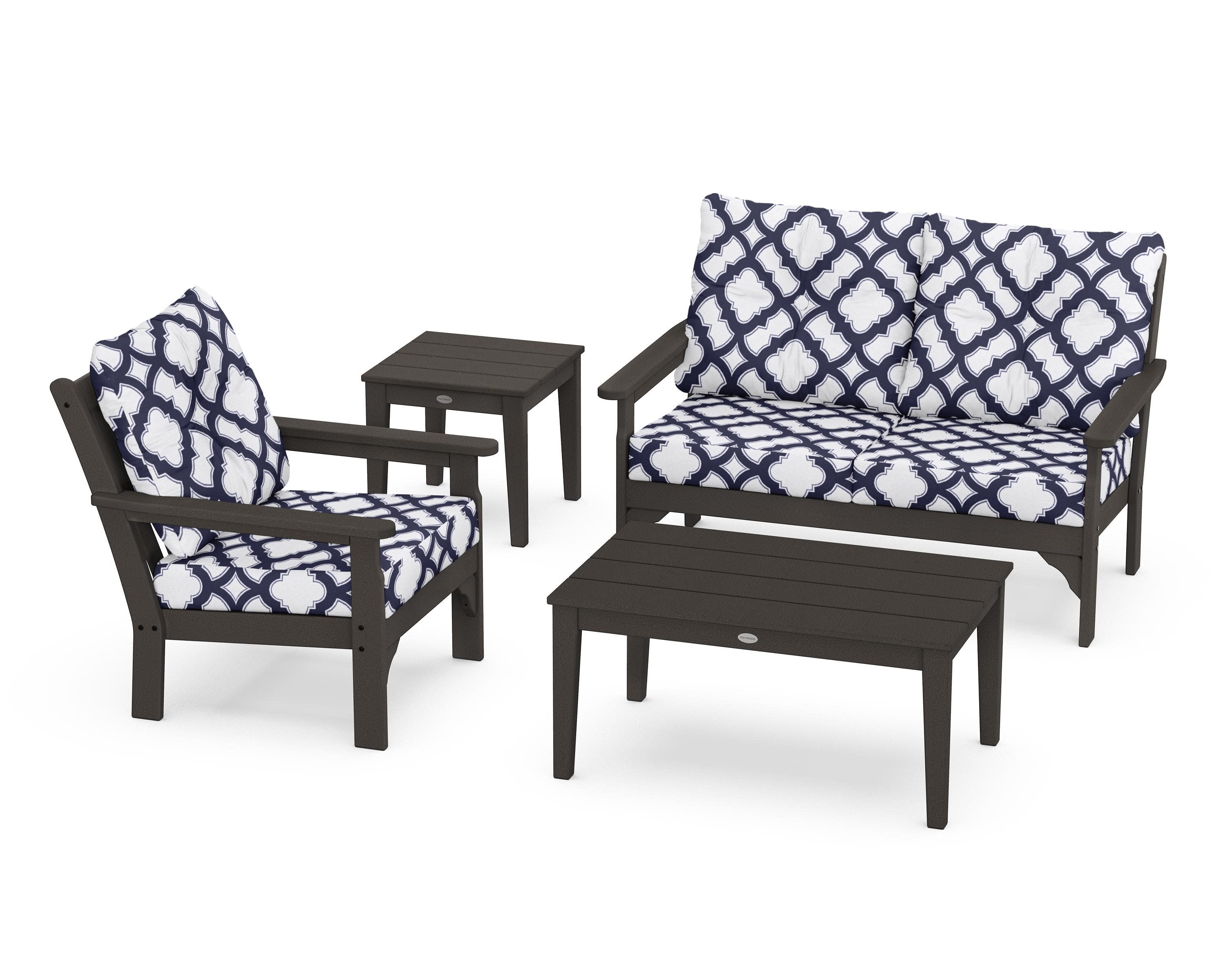 Vineyard 4-Piece Deep Seating Set in Vintage Coffee / Trellis Navy