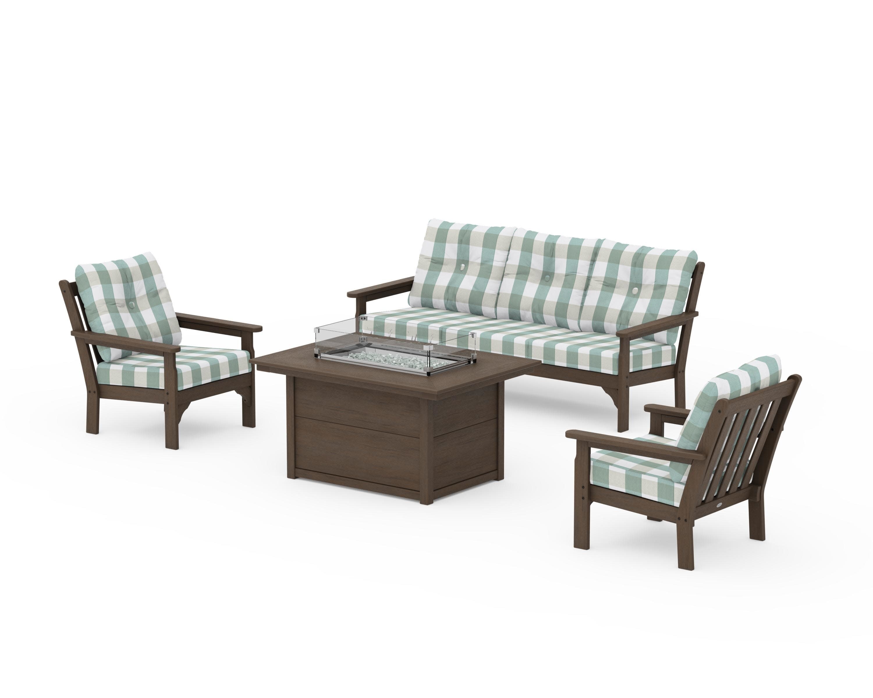 Vineyard Deep Seating Fire Pit Table Set in Kona / Buffalo Plaid Glacier Spa