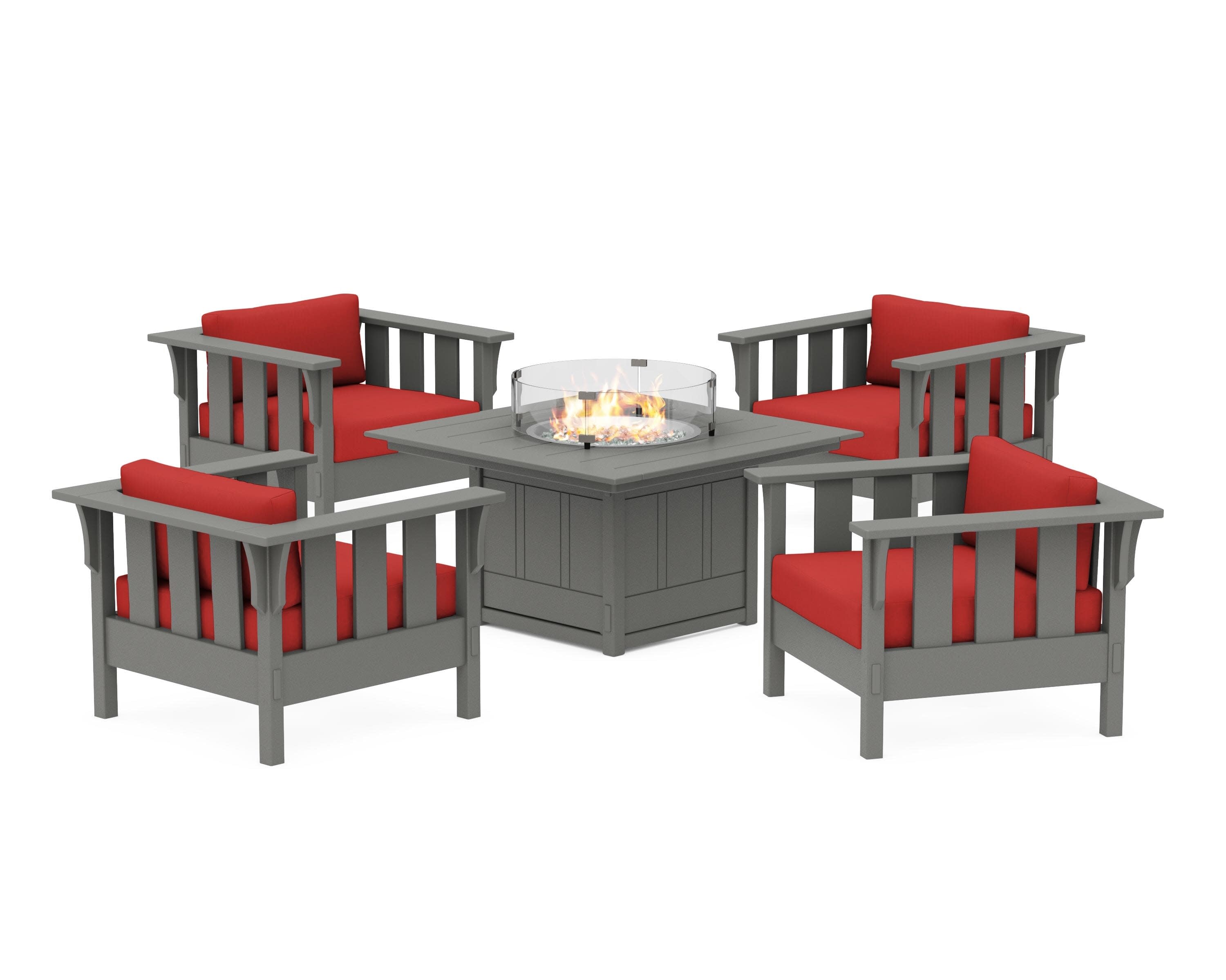 Acadia 5-Piece Deep Seating Set with Fire Pit Table in Slate Grey / Crimson Linen
