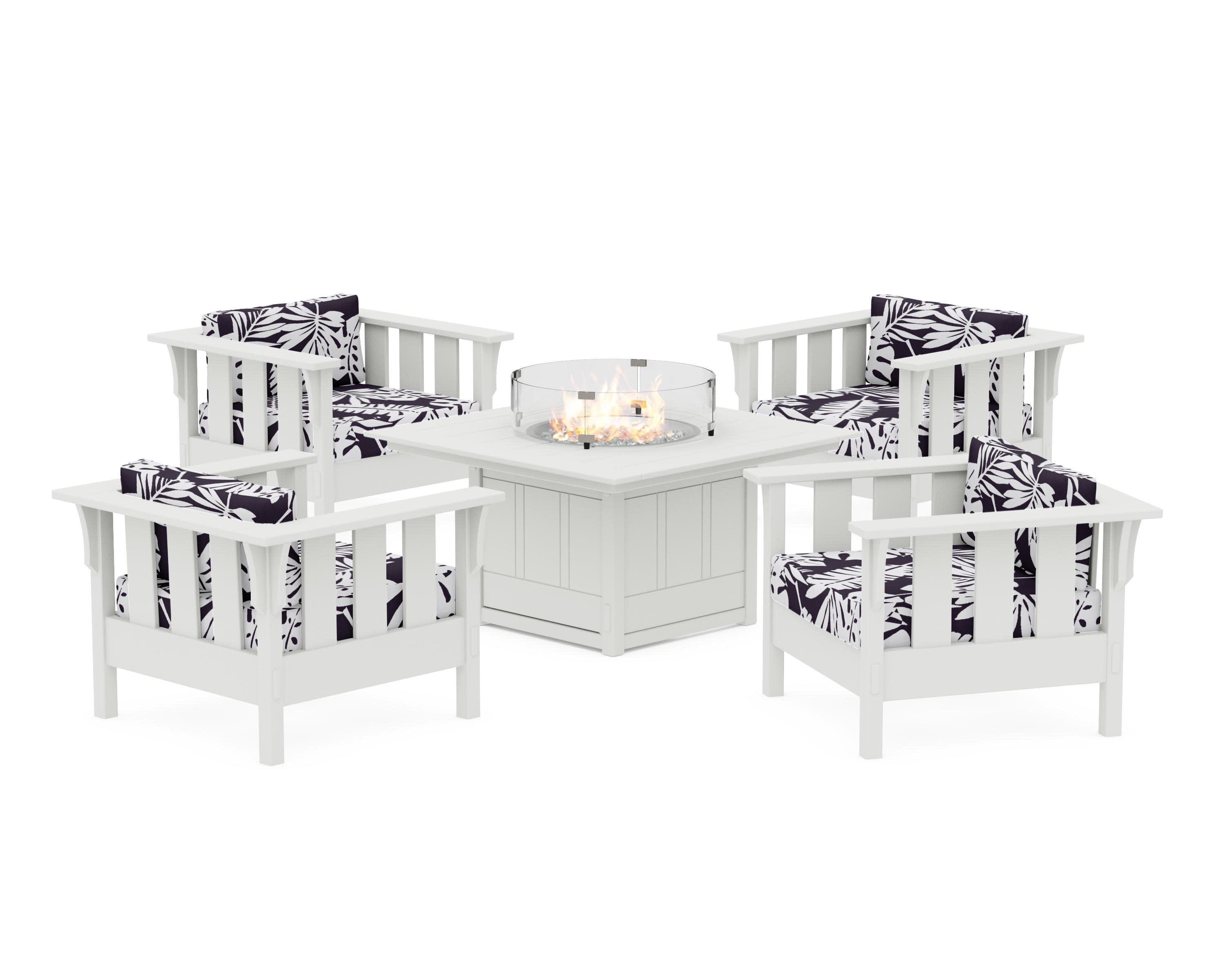 Acadia 5-Piece Deep Seating Set with Fire Pit Table in Vintage White / Leaf Navy