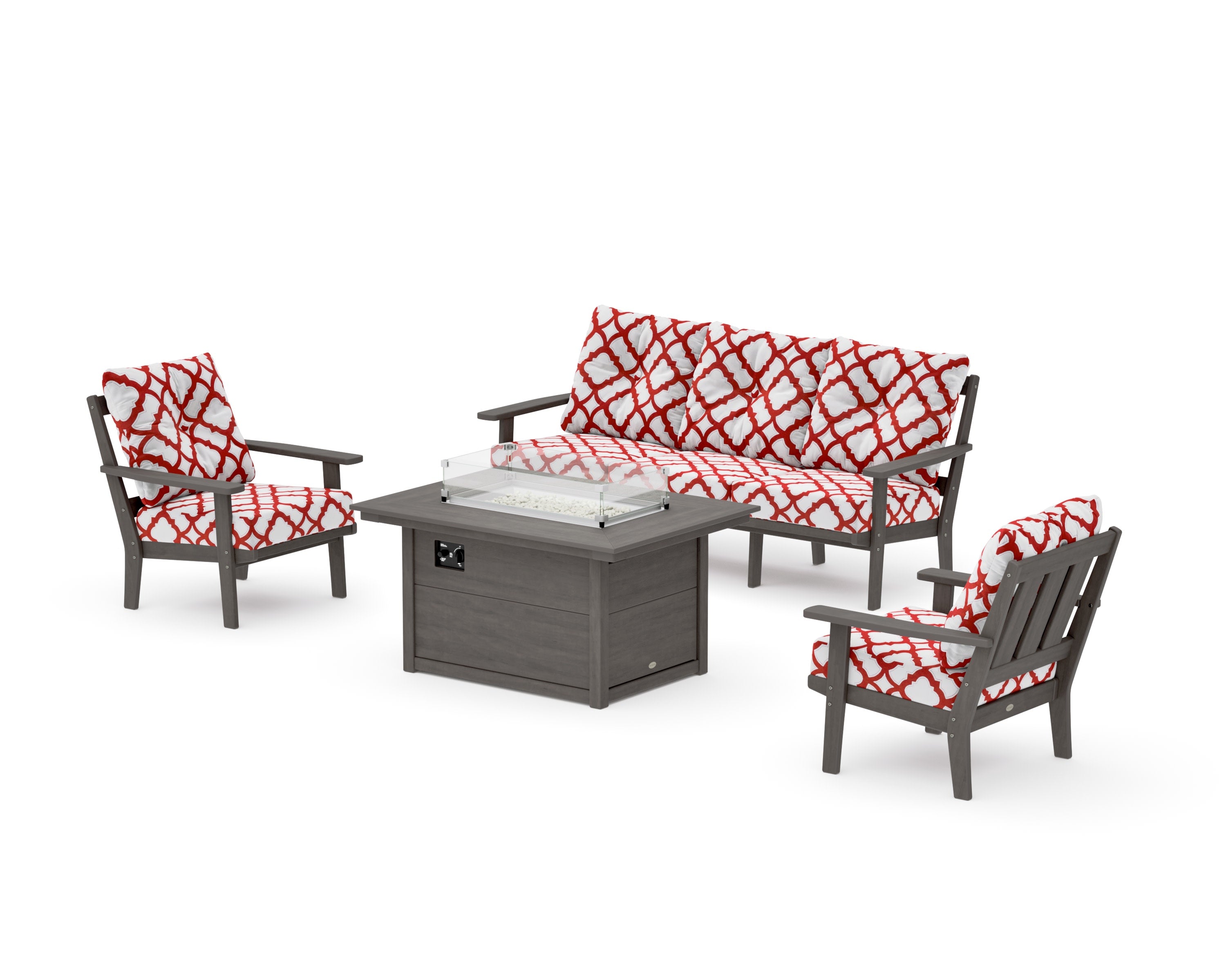 Oxford Deep Seating Fire Pit Table Set in Driftwood / Trellis Crimson
