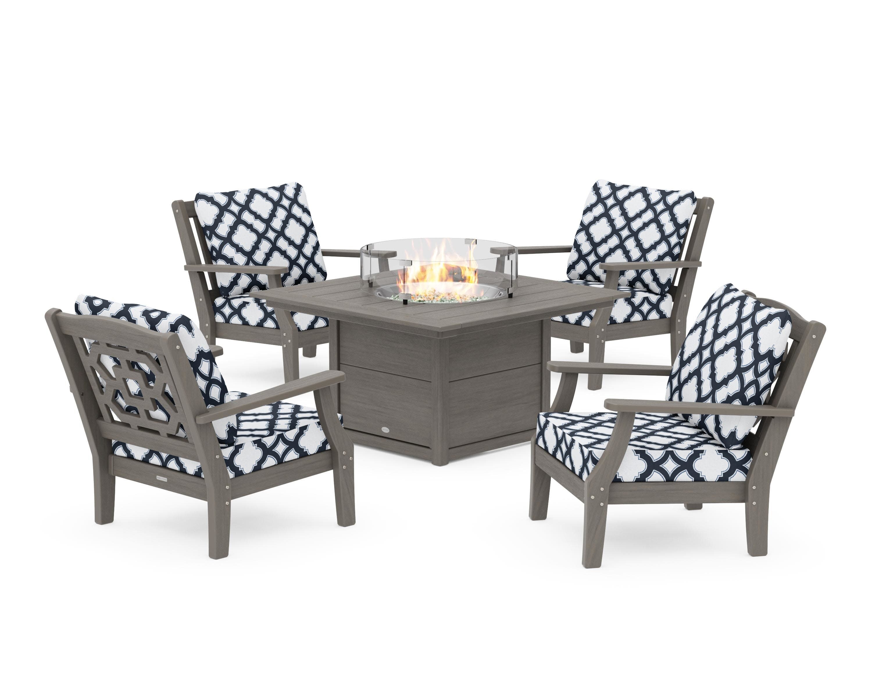 Chinoiserie 5-Piece Deep Seating Set with Fire Pit Table in Driftwood / Trellis Marine Indigo