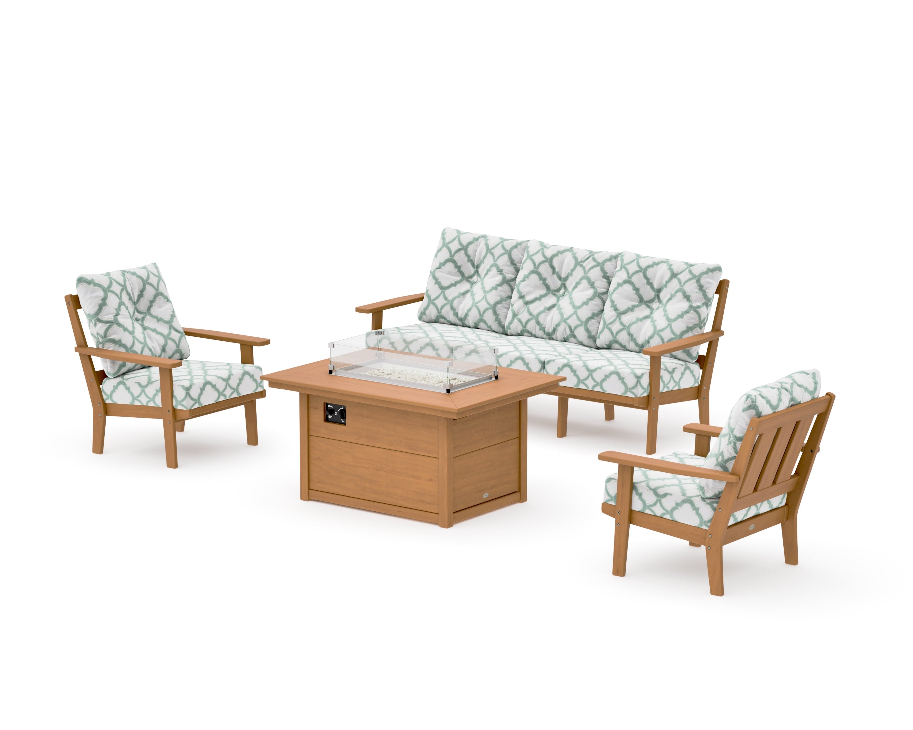 Oxford Deep Seating Fire Pit Table Set in Natural / Trellis Glacier Spa
