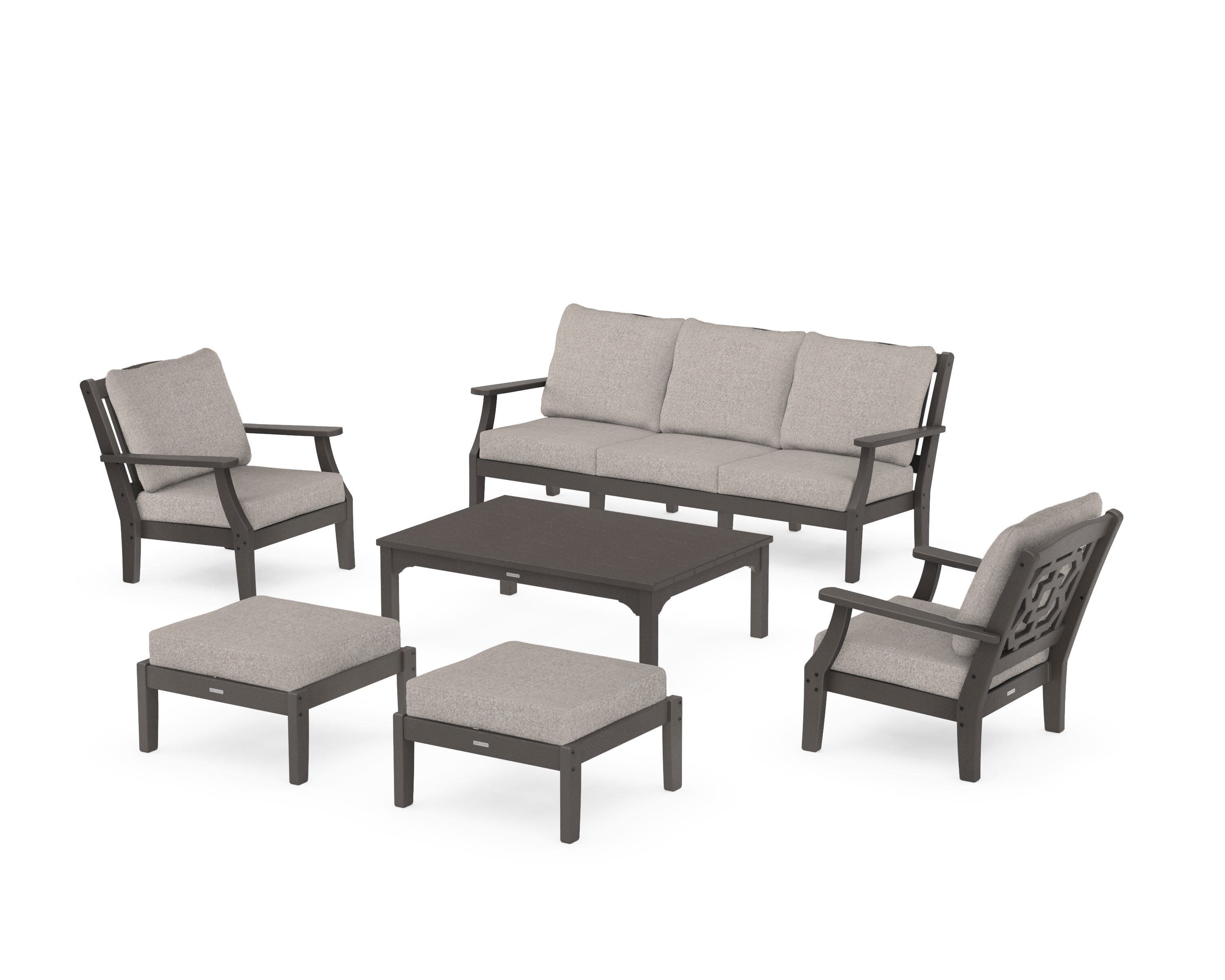 Chinoiserie 6-Piece Lounge Sofa Set in Vintage Coffee / Weathered Tweed