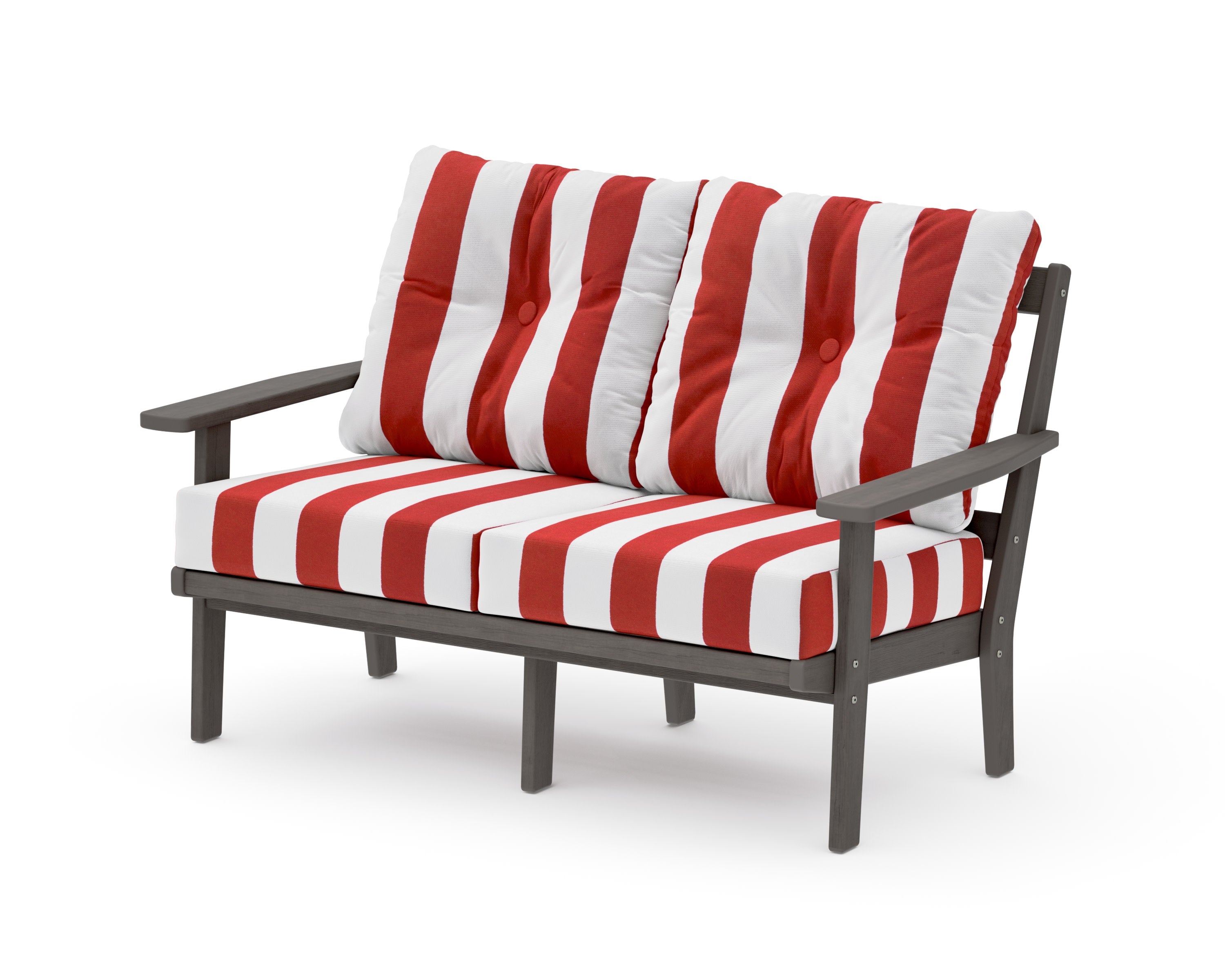 Prairie Deep SeatingLoveseat in Driftwood / Cabana Stripe Crimson