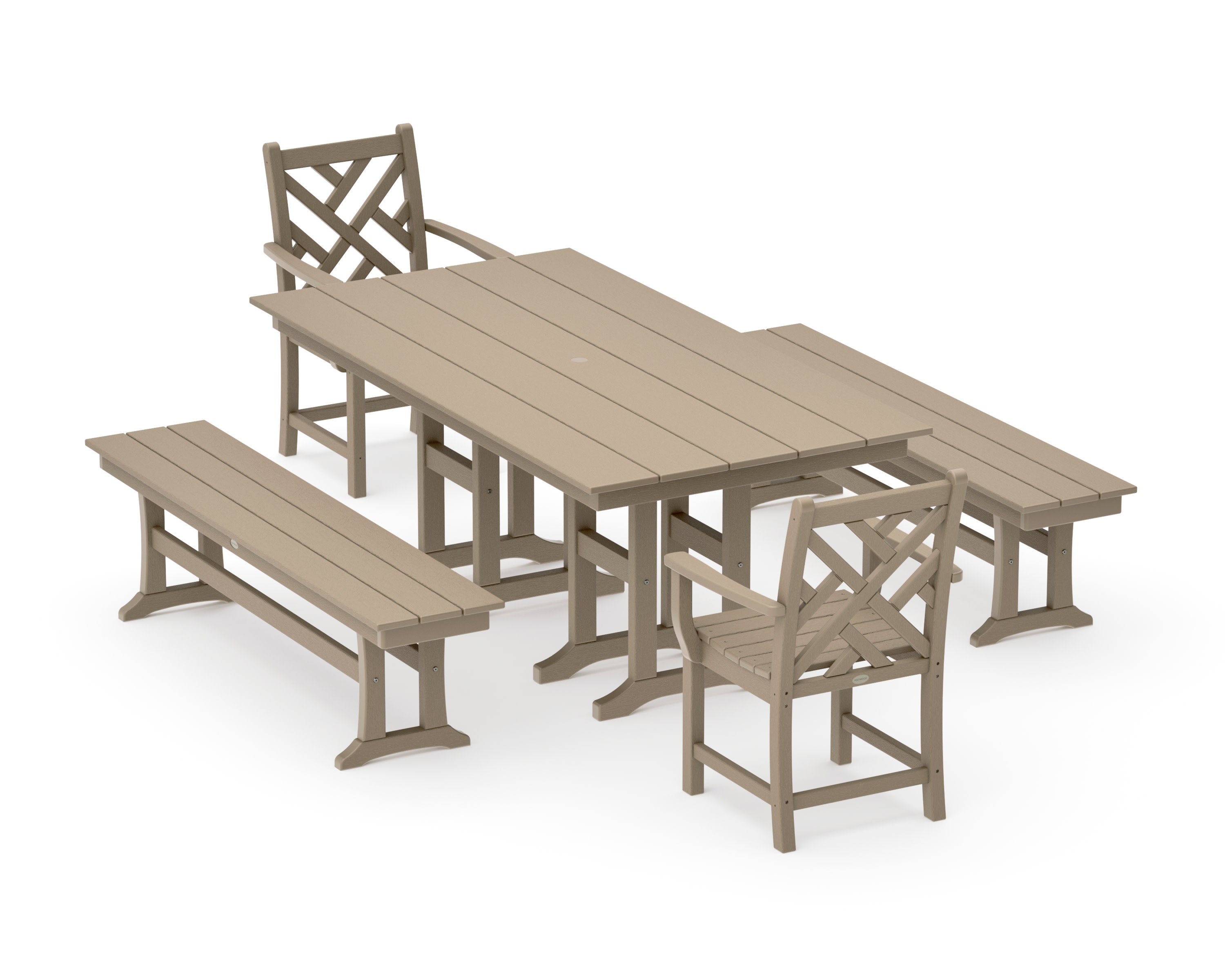 Chippendale 5-Piece Farmhouse Dining Set with Benches in Vintage Sahara