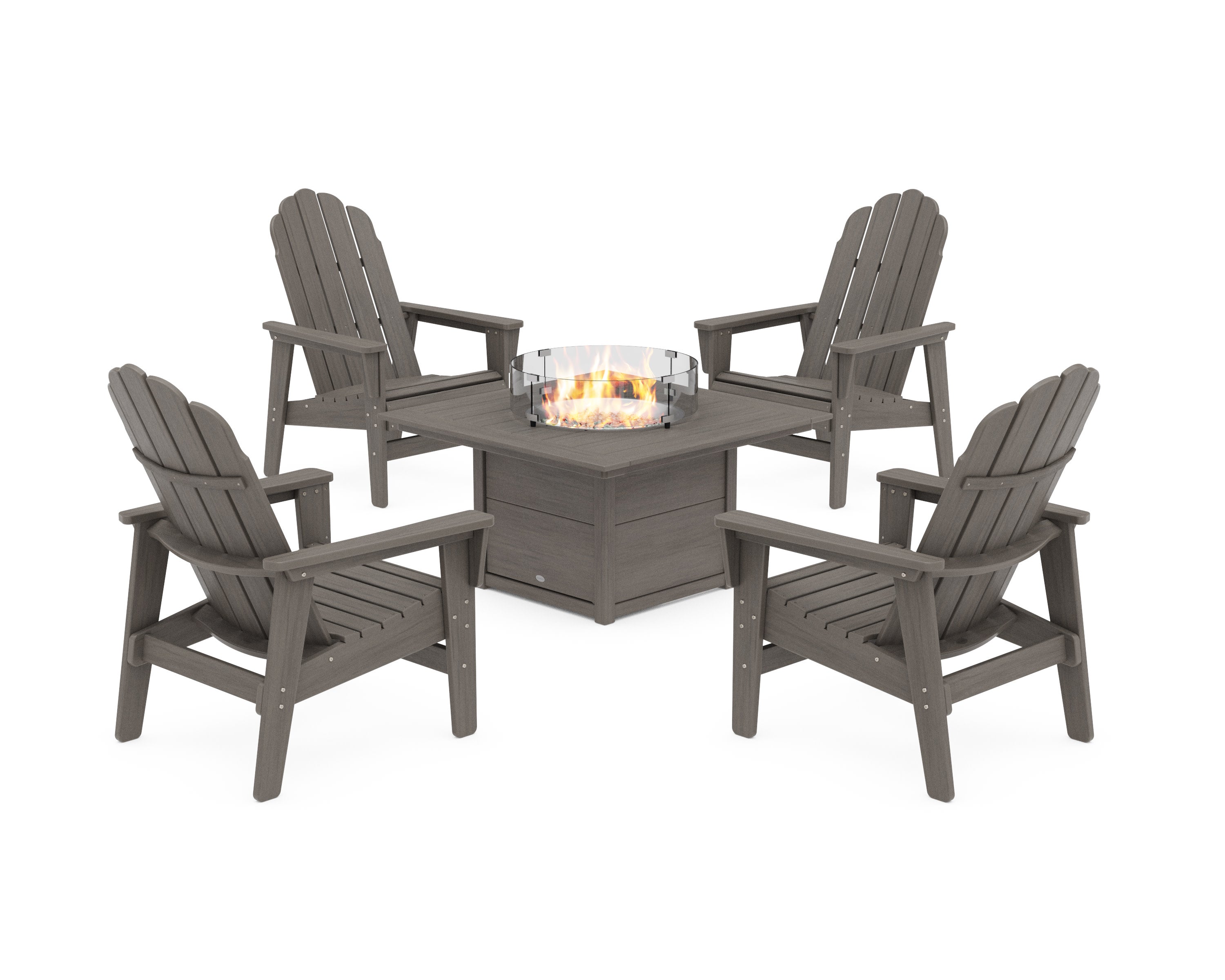 5-Piece Vineyard Grand Upright Adirondack Conversation Set with Fire Pit Table in Driftwood