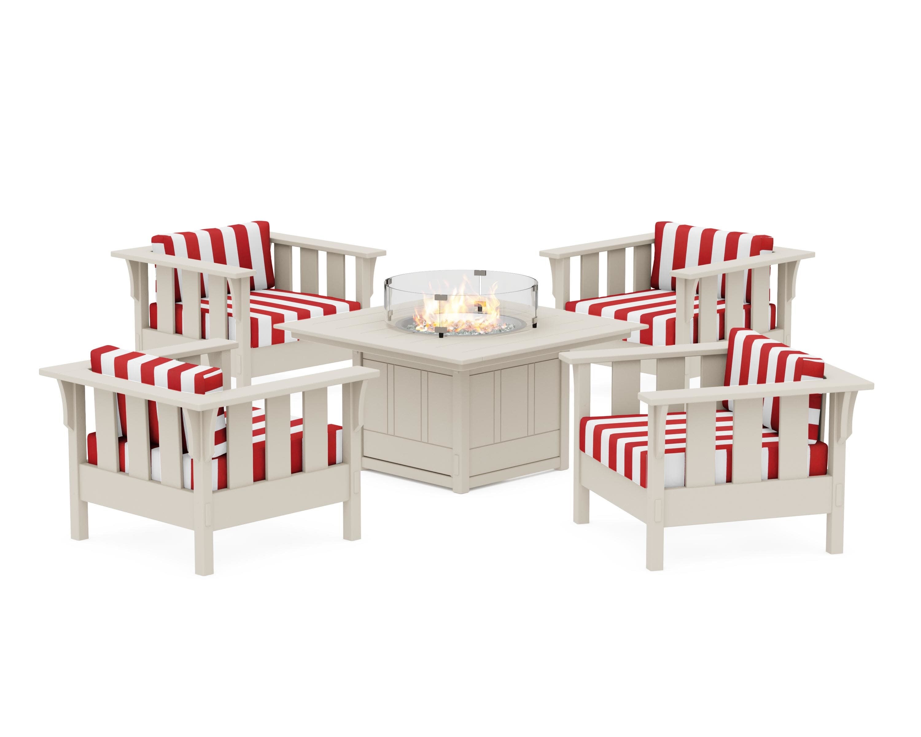 Acadia 5-Piece Deep Seating Set with Fire Pit Table in Sand / Cabana Stripe Crimson
