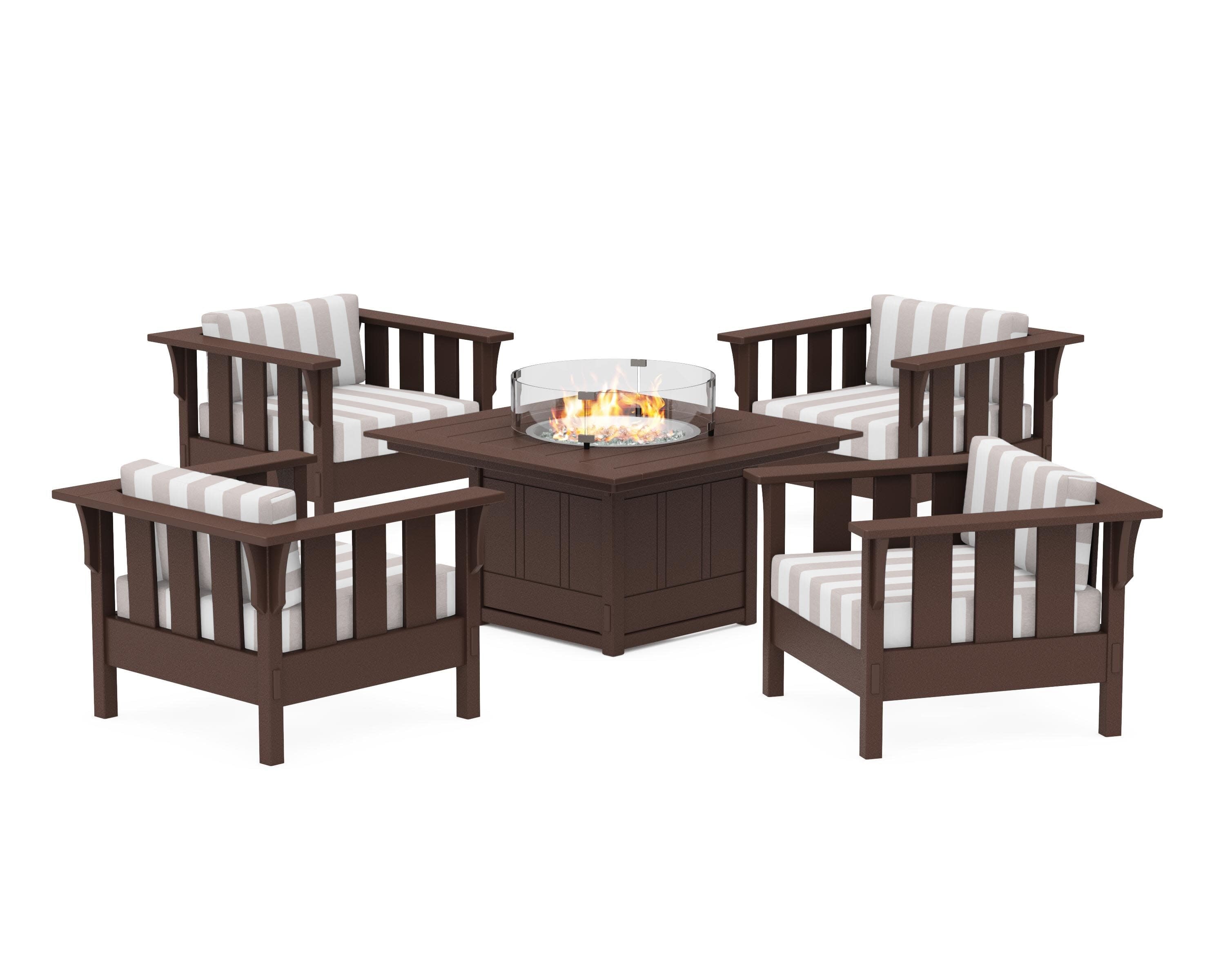 Acadia 5-Piece Deep Seating Set with Fire Pit Table in Mahogany / Cabana Stripe Dune Burlap
