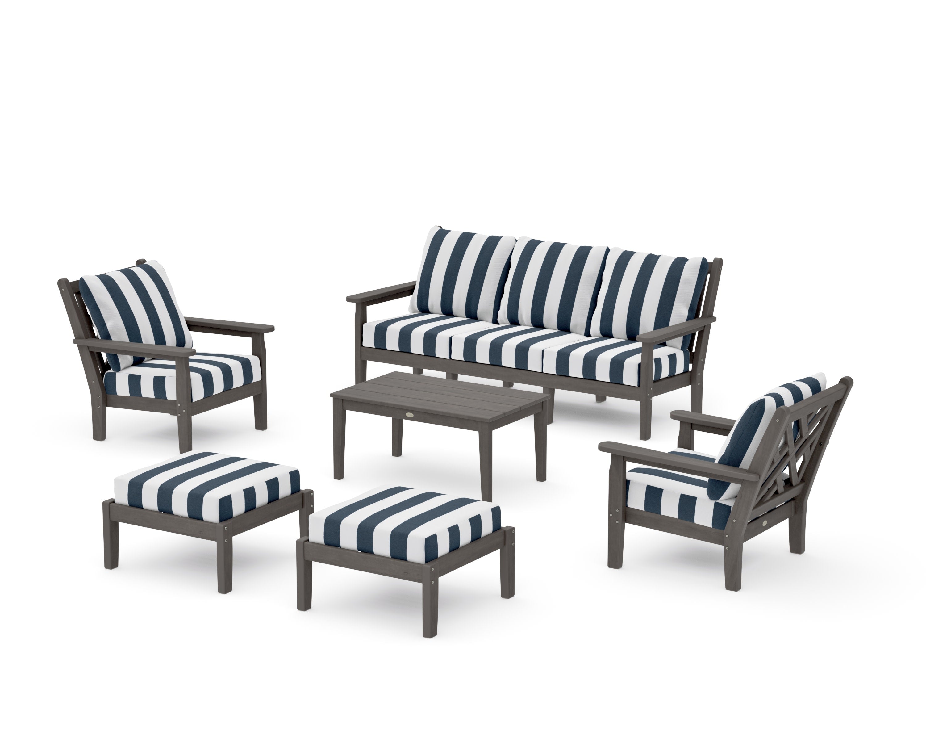 Chippendale 6-Piece Lounge Sofa Set in Driftwood / Cabana Stripe Marine Indigo