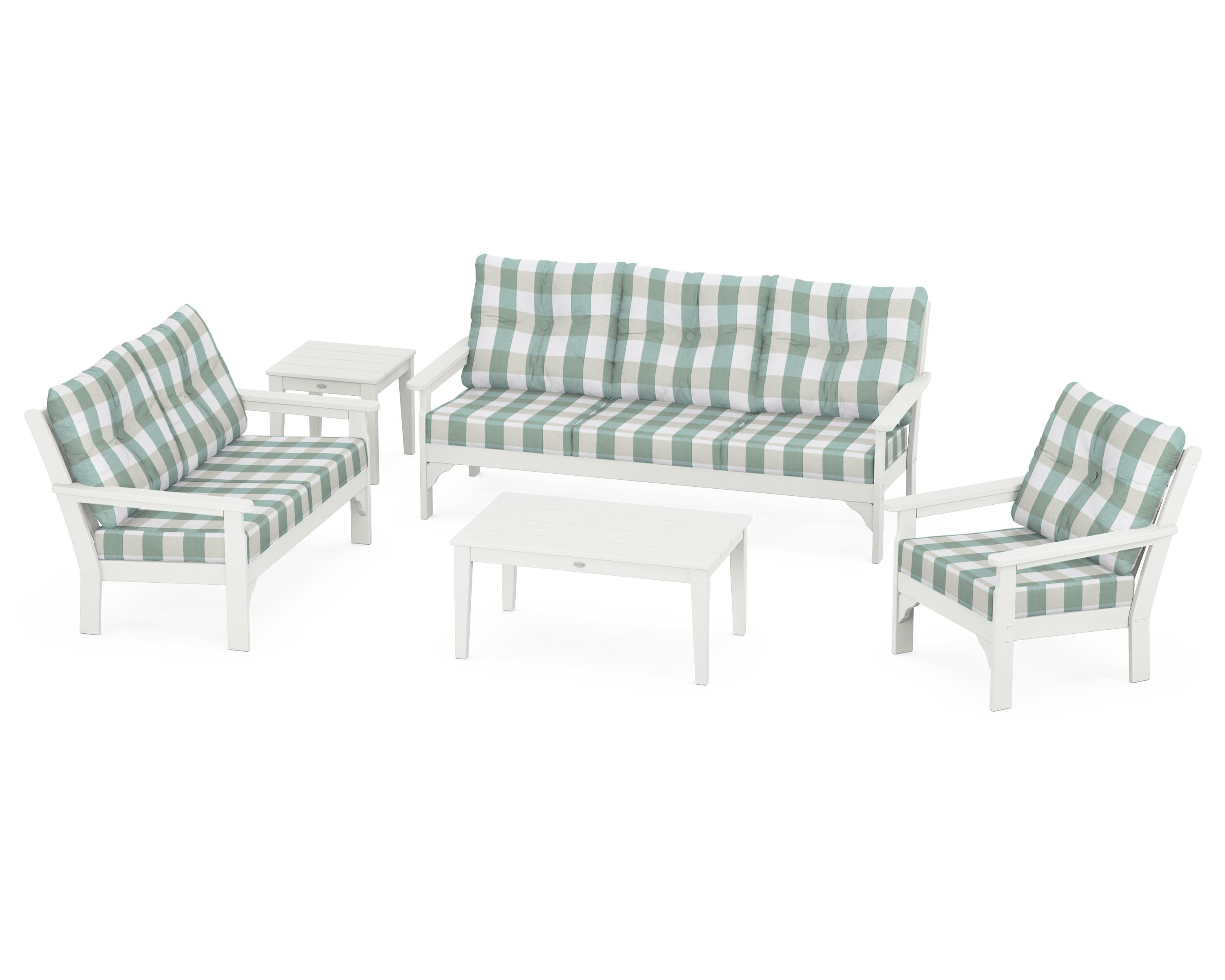 Vineyard 5 Piece Deep Seating Set in Vintage White / Buffalo Plaid Glacier Spa