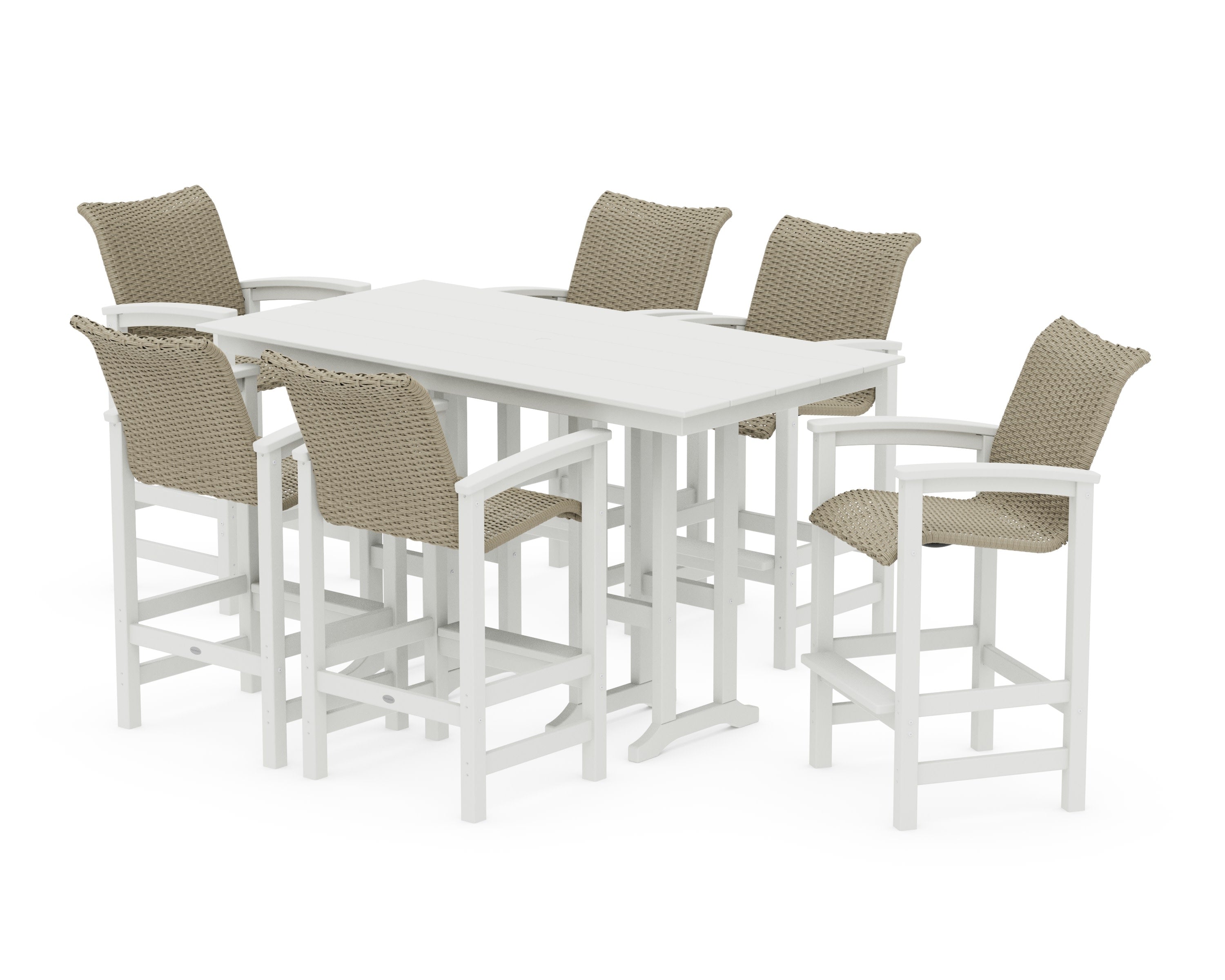 Coastal Woven Arm Chair 7-Piece Farmhouse Bar Set in Vintage White / Dune Grass