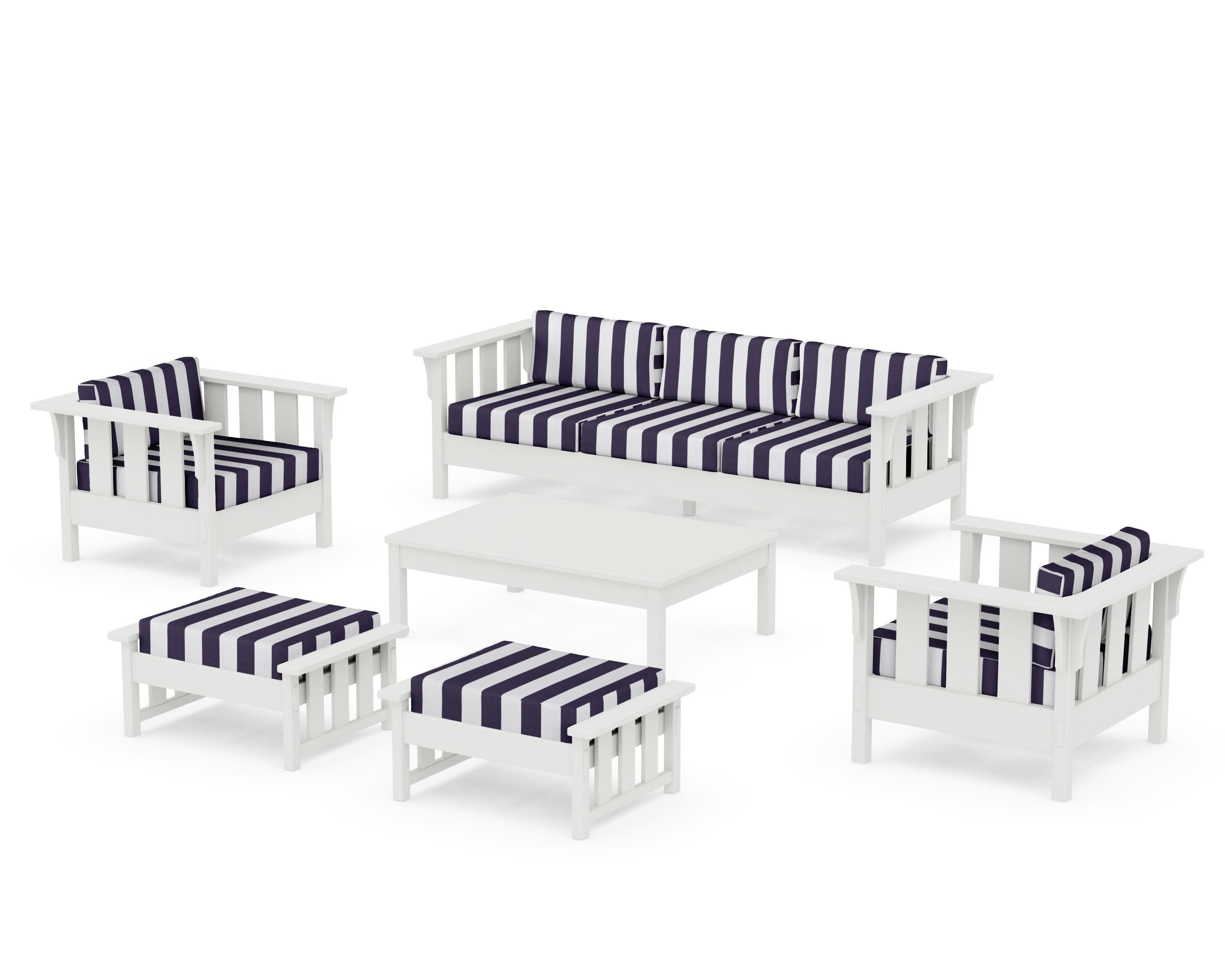 Acadia 6-Piece Lounge Sofa Set in Vintage White / Cabana Stripe Navy