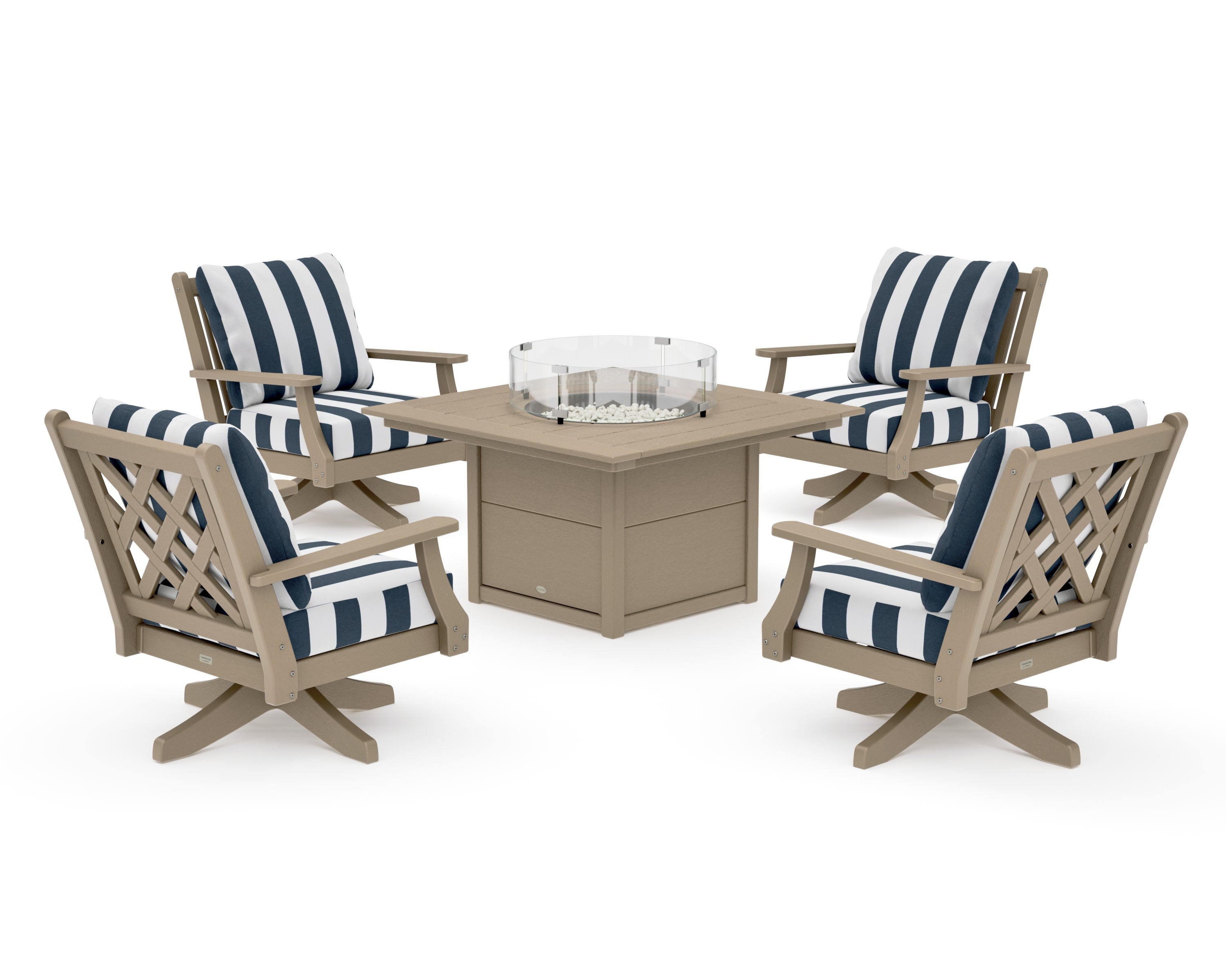Wovendale 5-Piece Deep Seating Swivel Conversation Set with Fire Pit Table in Vintage Sahara / Cabana Stripe Marine Indigo